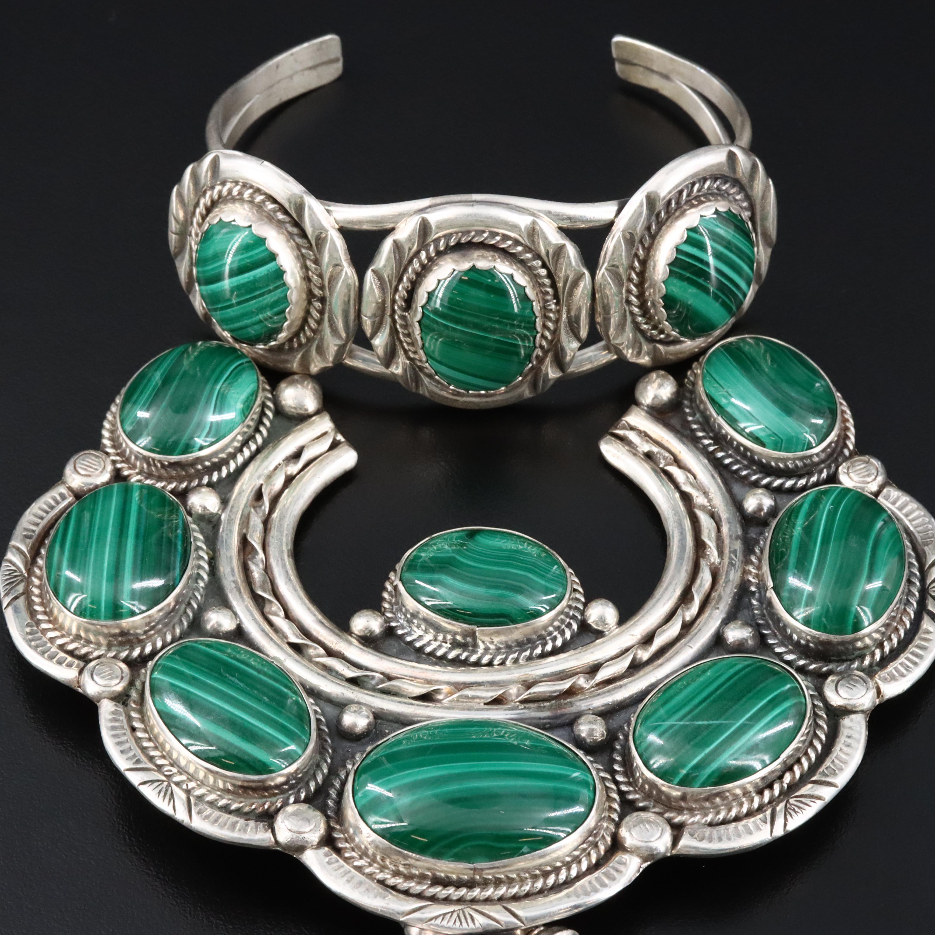 Southwestern Signed Sterling Malachite Squash Blossom Necklace with Bracelet