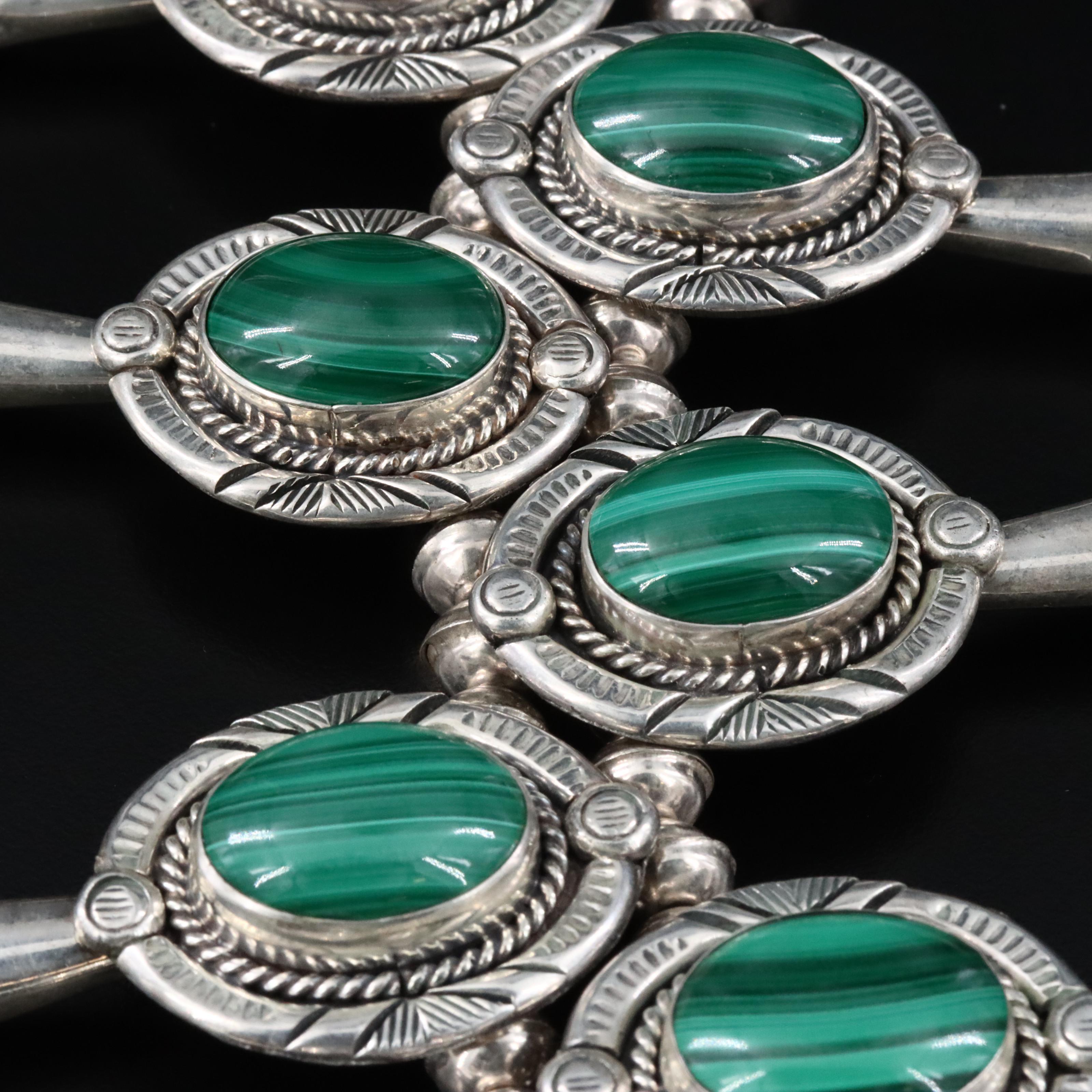 Southwestern Signed Sterling Malachite Squash Blossom Necklace with Bracelet