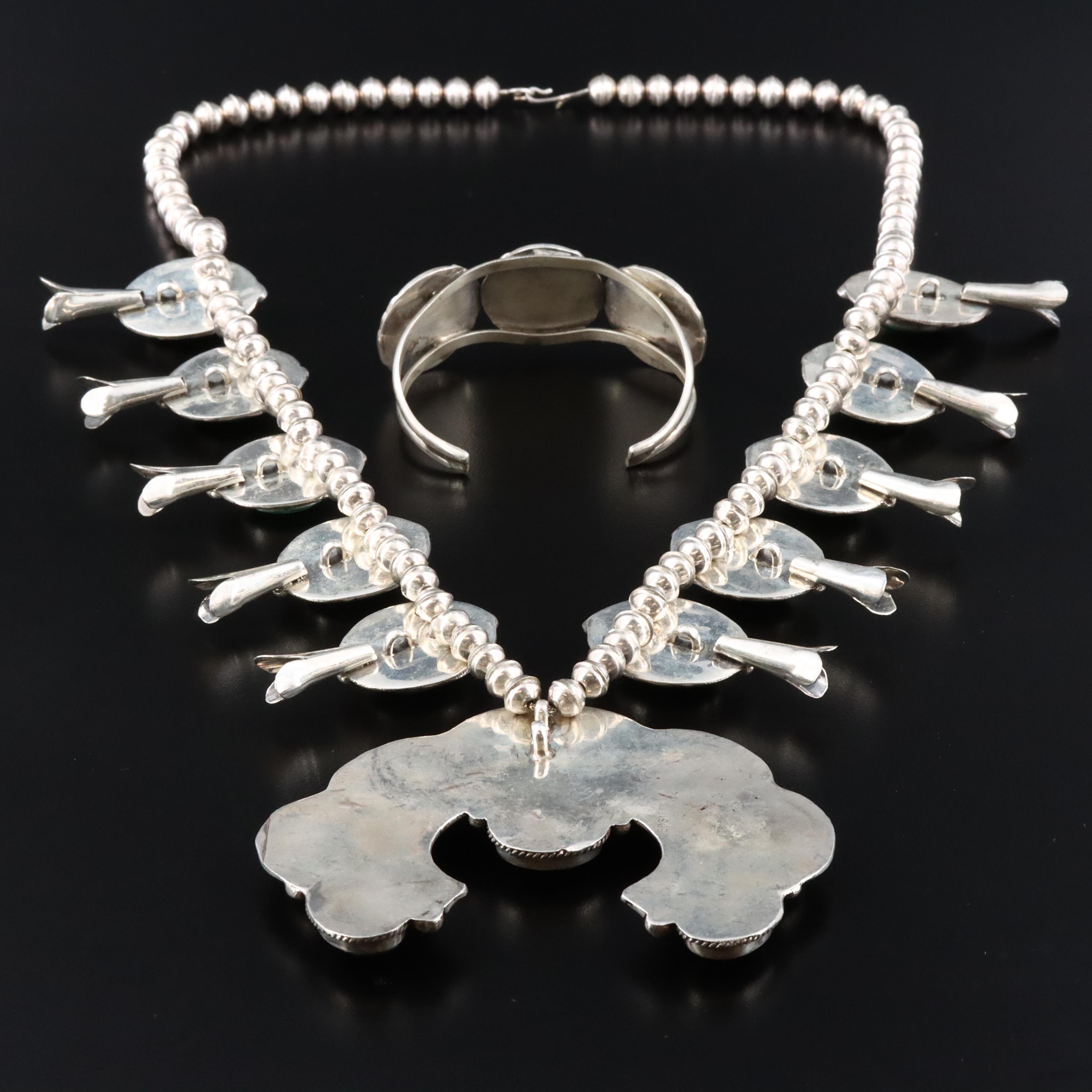 Southwestern Signed Sterling Malachite Squash Blossom Necklace with Bracelet