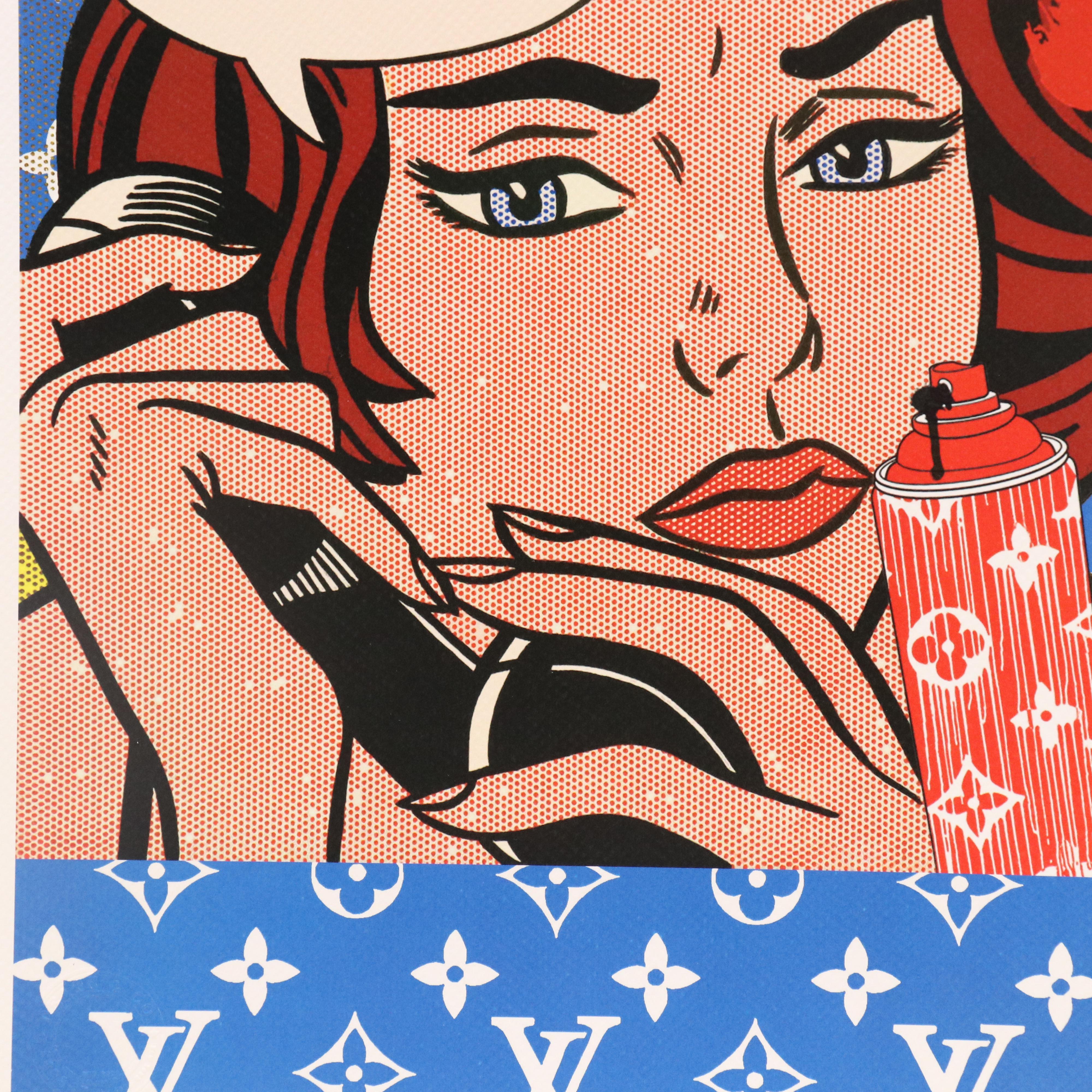 Death NYC Street Art Offset Lithograph of Lichtenstein Girl with LV Logos, 2023