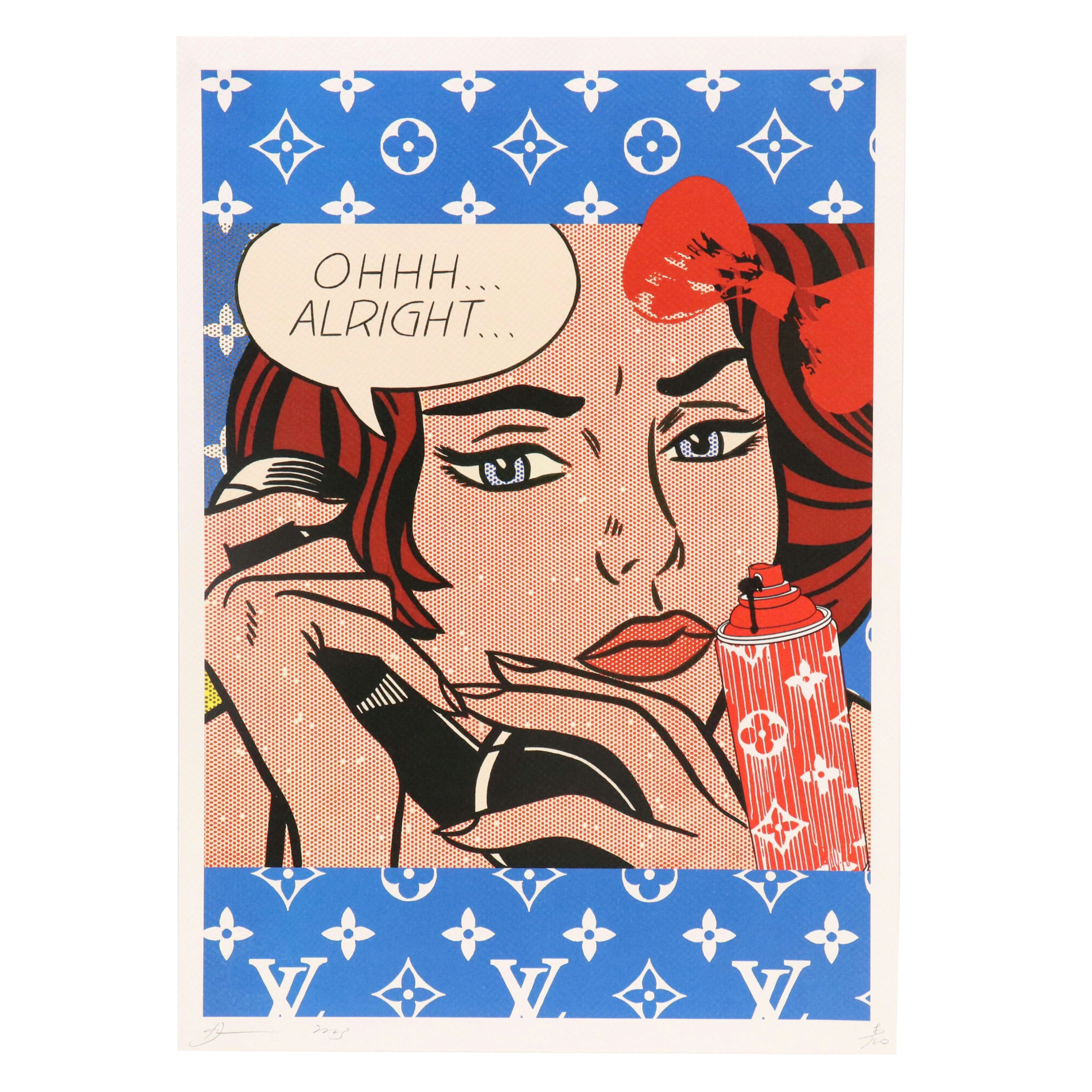 Death NYC Street Art Offset Lithograph of Lichtenstein Girl with LV Logos, 2023