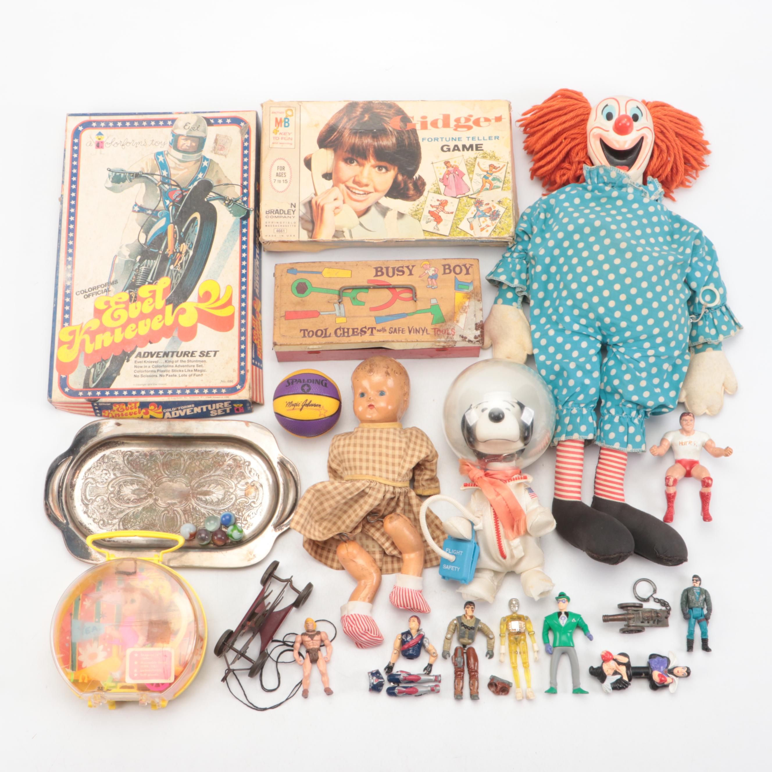 Mattel Bozo the Clown Doll and Snoopy Astronaut with Other Vintage Toys