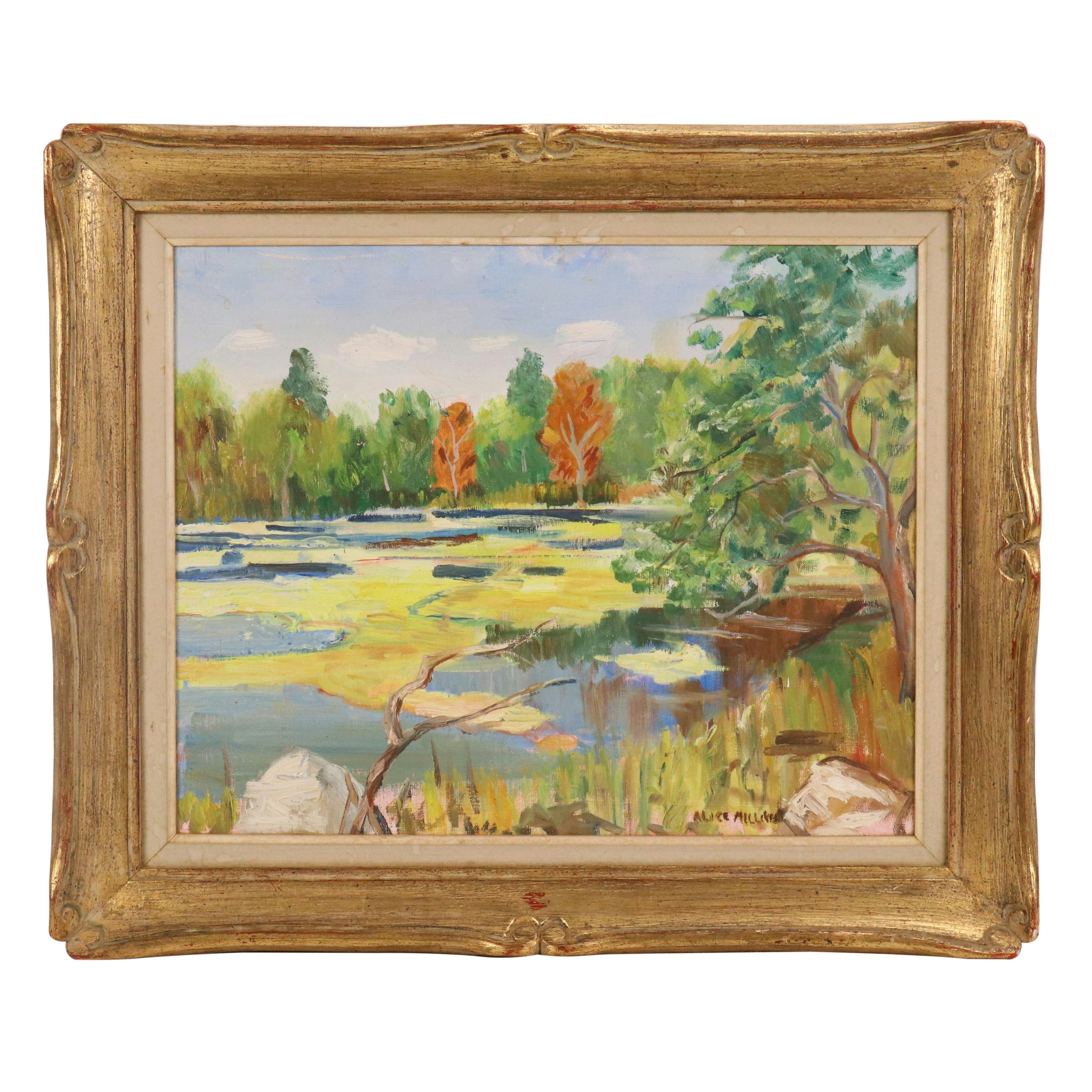 Alice Milliken Impressionist Style Oil Landscape of Woodland Pond, 20th Century