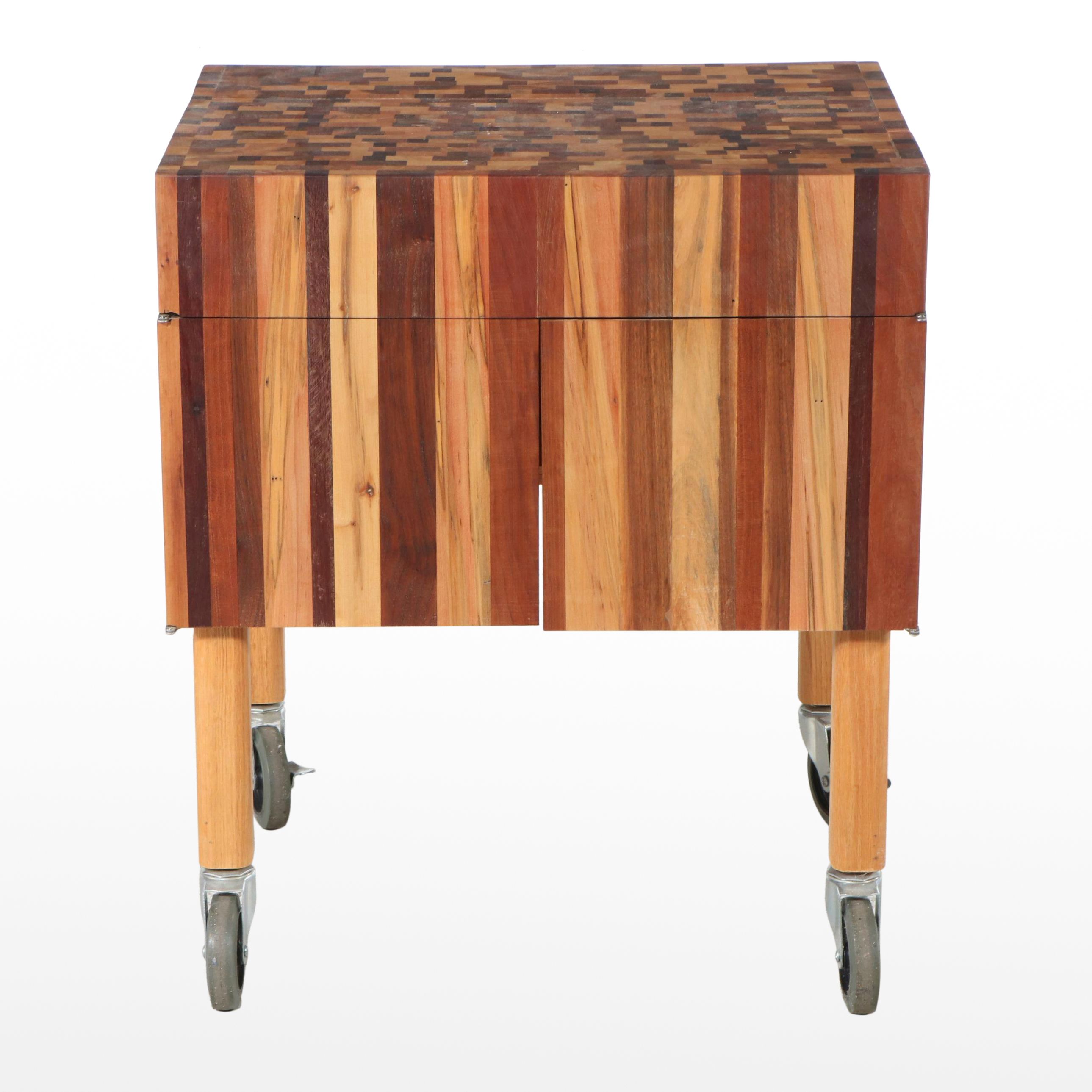Contemporary Staved Wood Butcher Block Table on Casters
