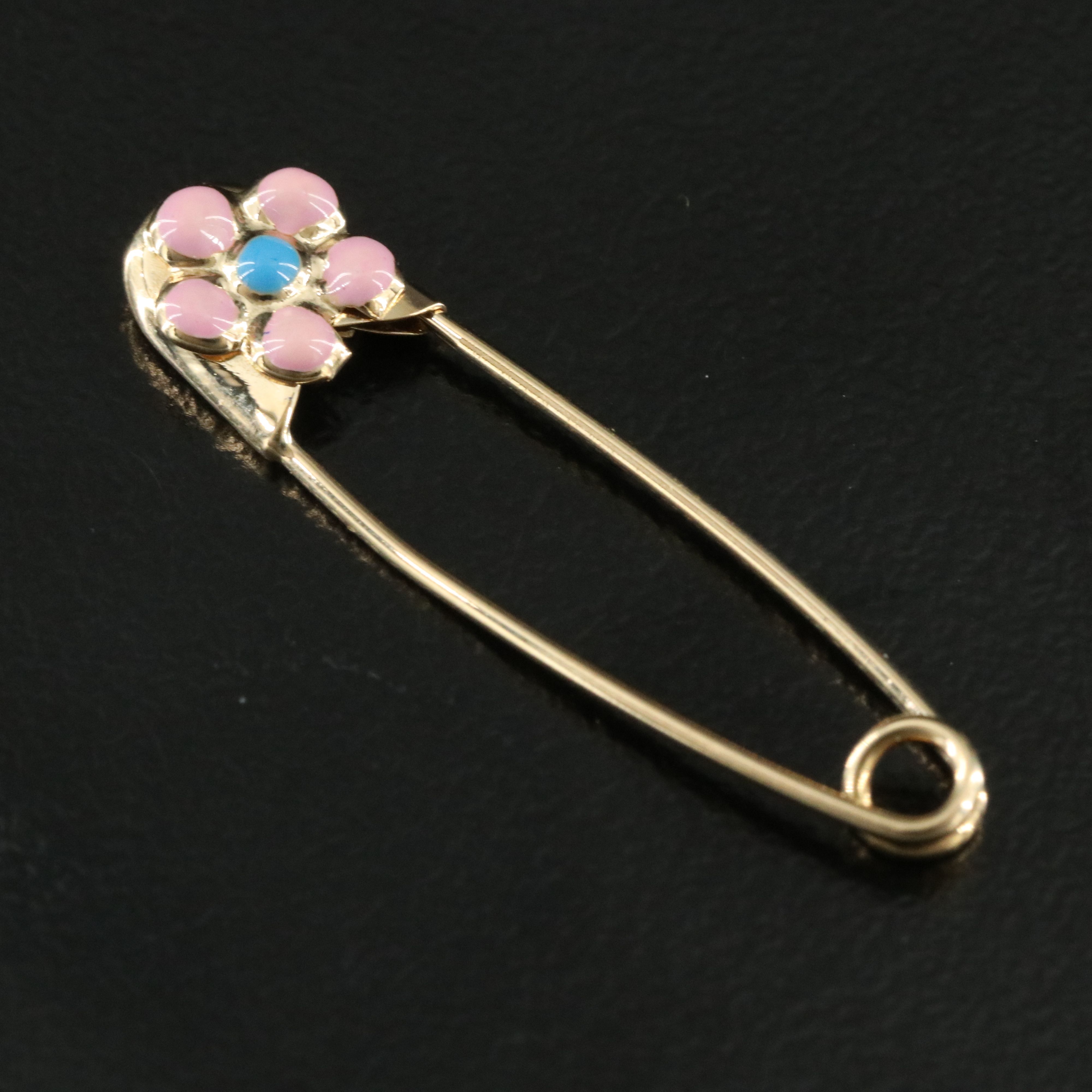 18K Flower Safety Pin Brooch with Enamel Accents