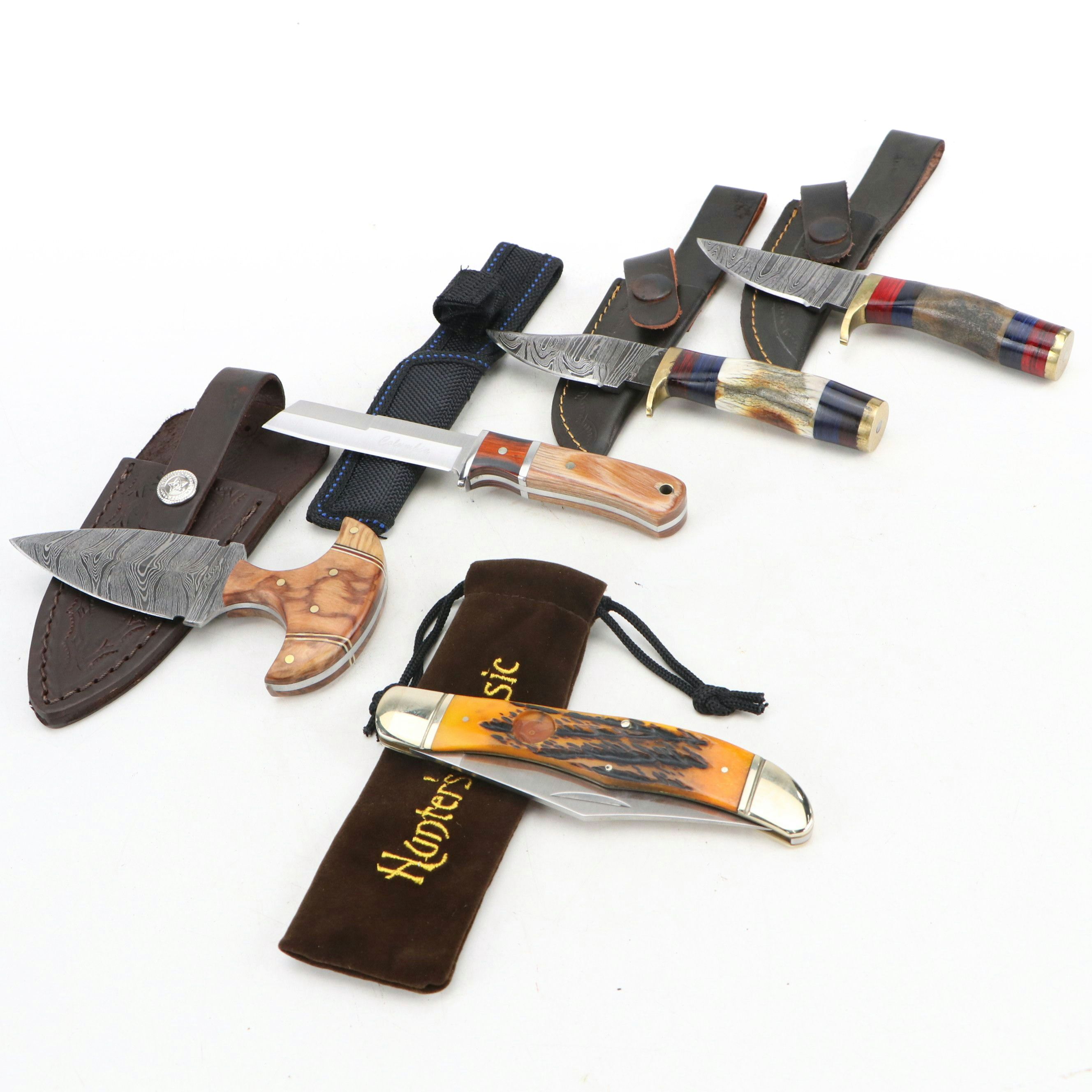 Damascus Steel and Antler Handled Skinner Knives with More