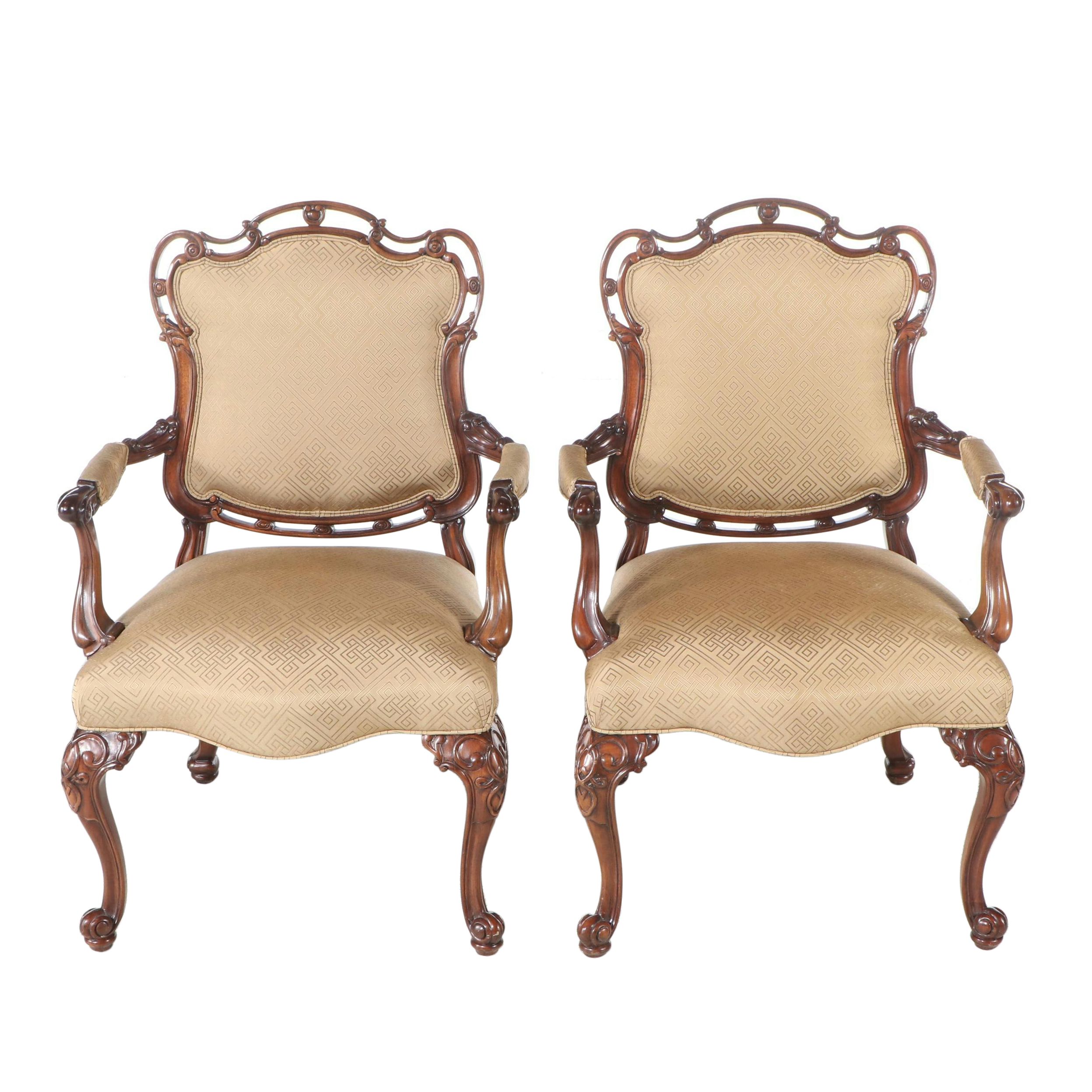 Pair Smith & Watson Carved Mahogany and Upholstered Fauteuil