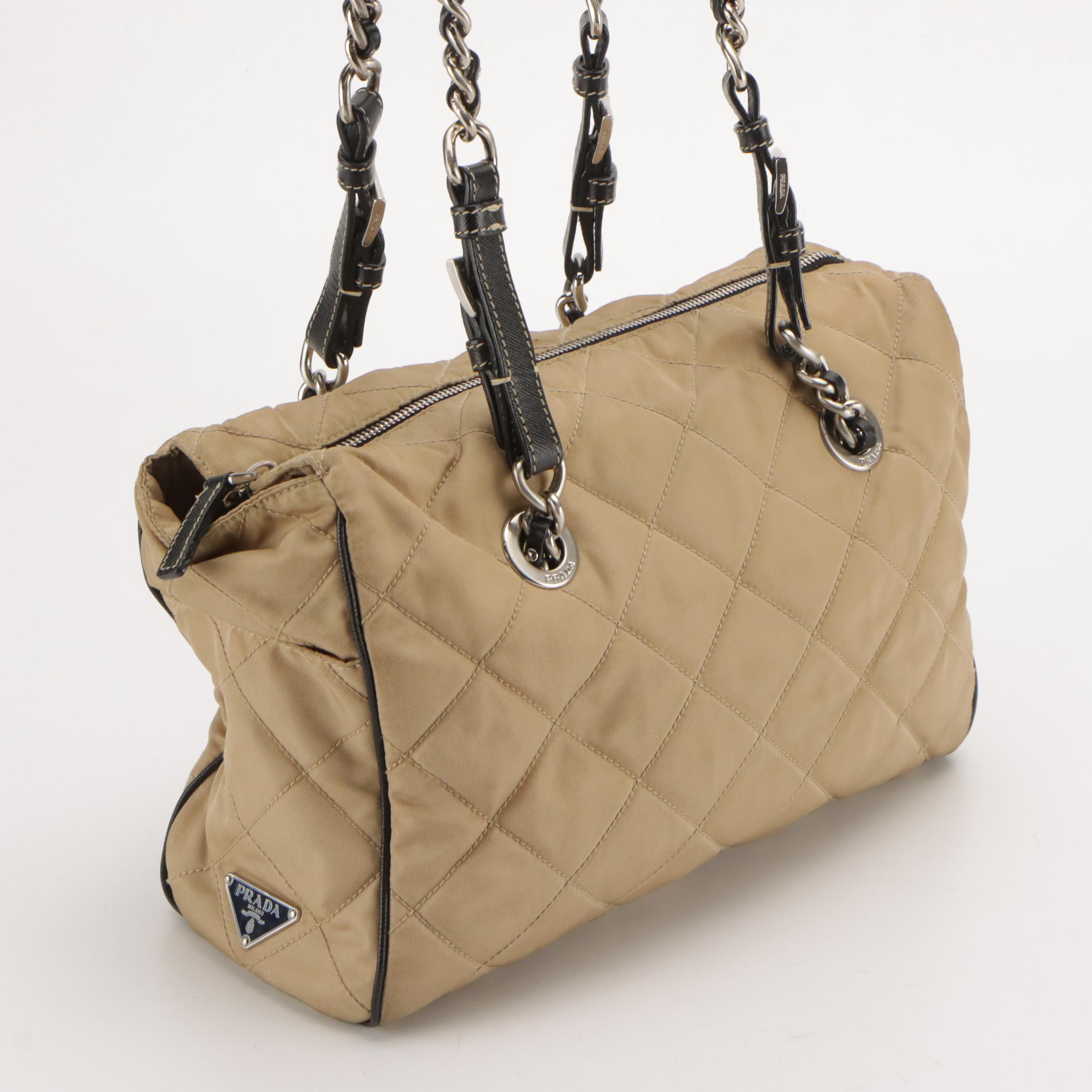 Prada Shoulder Bag in Beige Tessuto Nylon and Black Leather Trim
