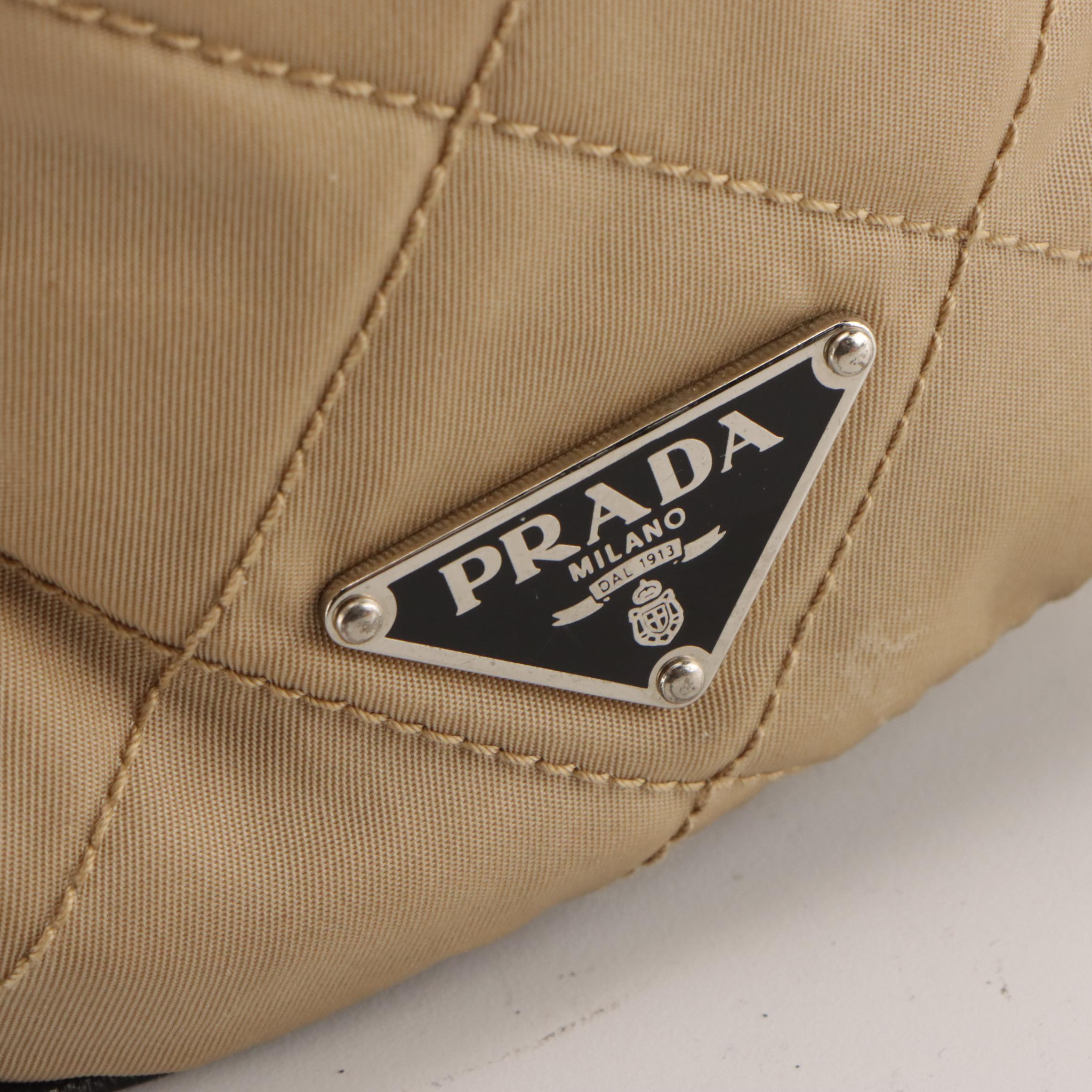 Prada Shoulder Bag in Beige Tessuto Nylon and Black Leather Trim