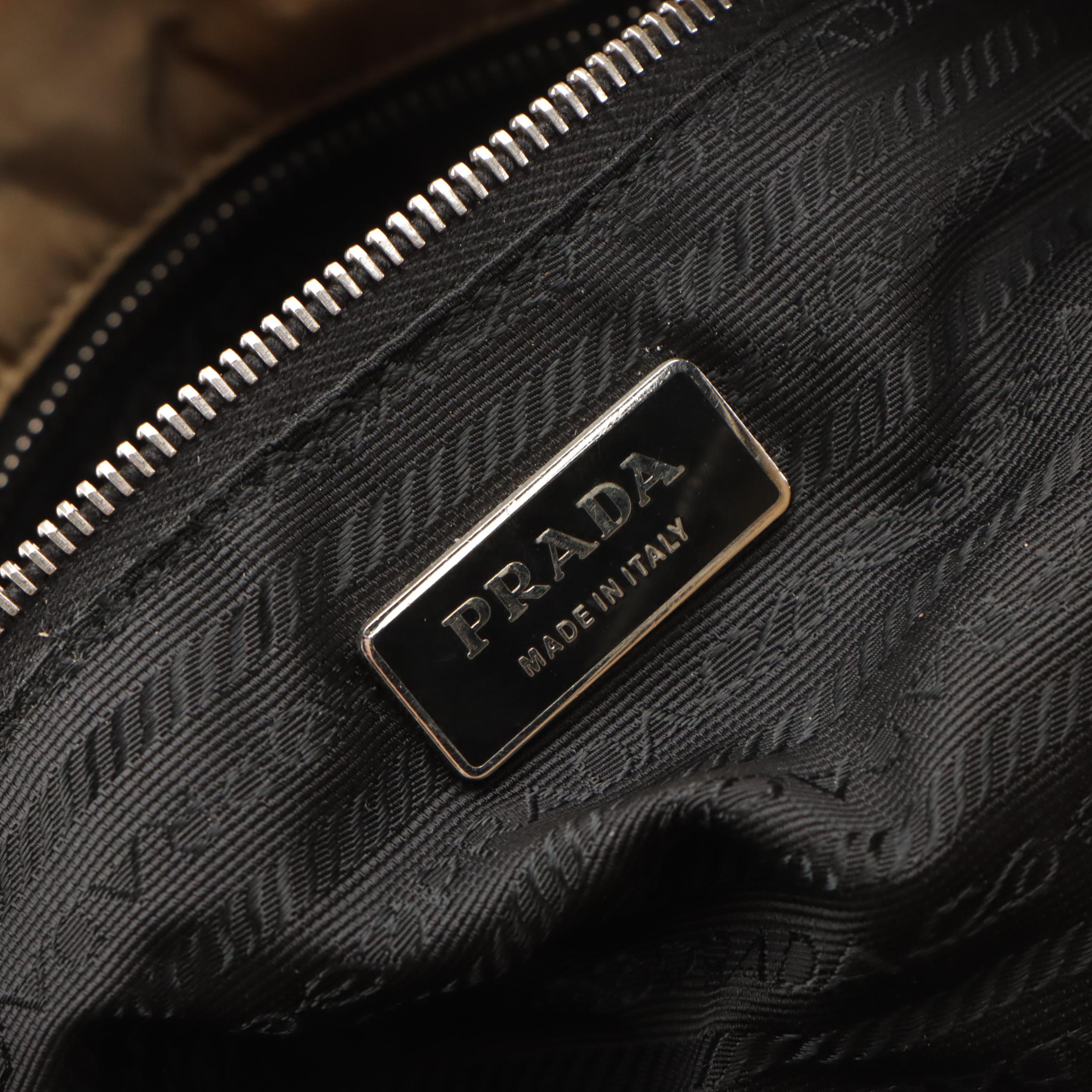 Prada Shoulder Bag in Beige Tessuto Nylon and Black Leather Trim