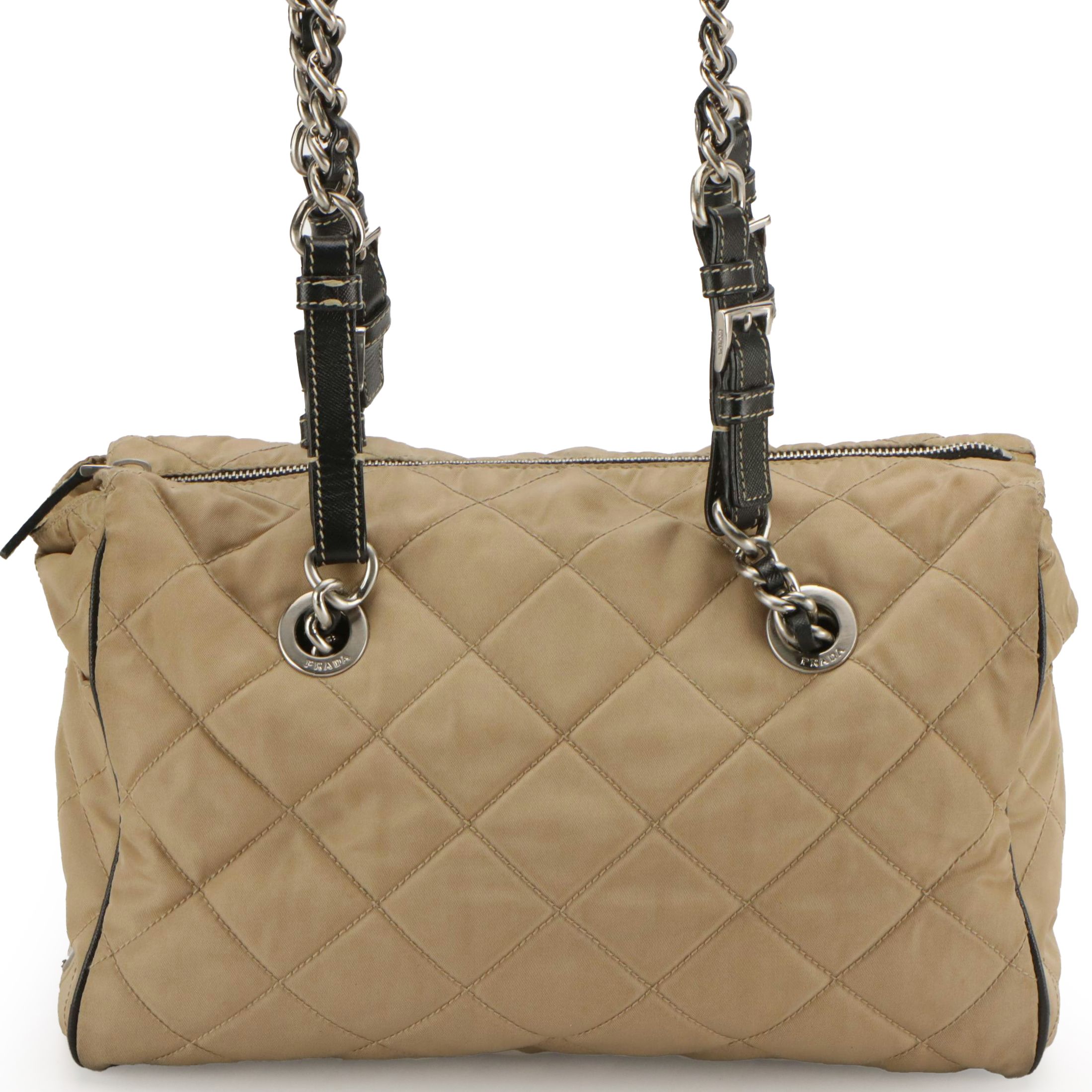 Prada Shoulder Bag in Beige Tessuto Nylon and Black Leather Trim