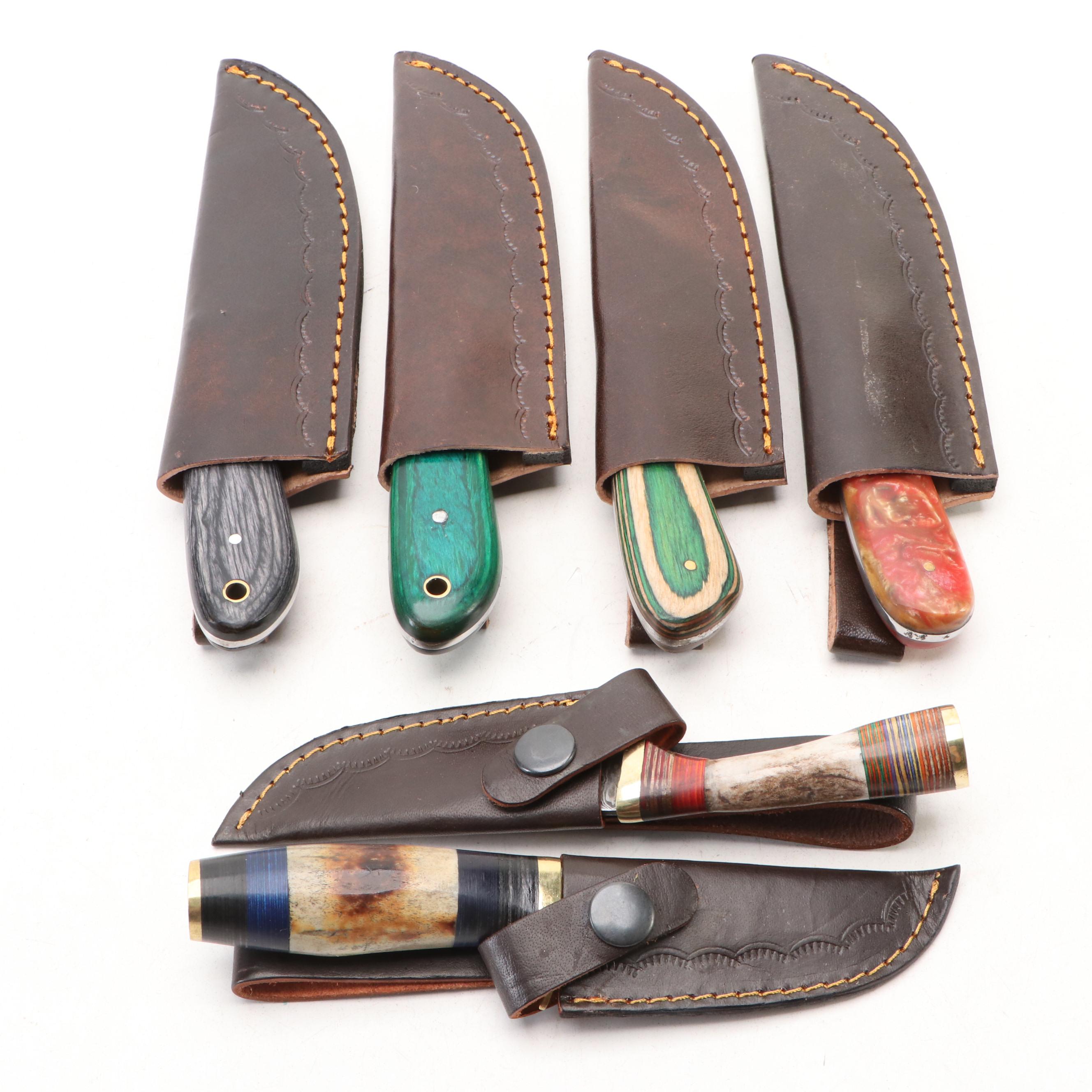 Damascus Steel Hunting and Skinner Knives in Leather Scabbards