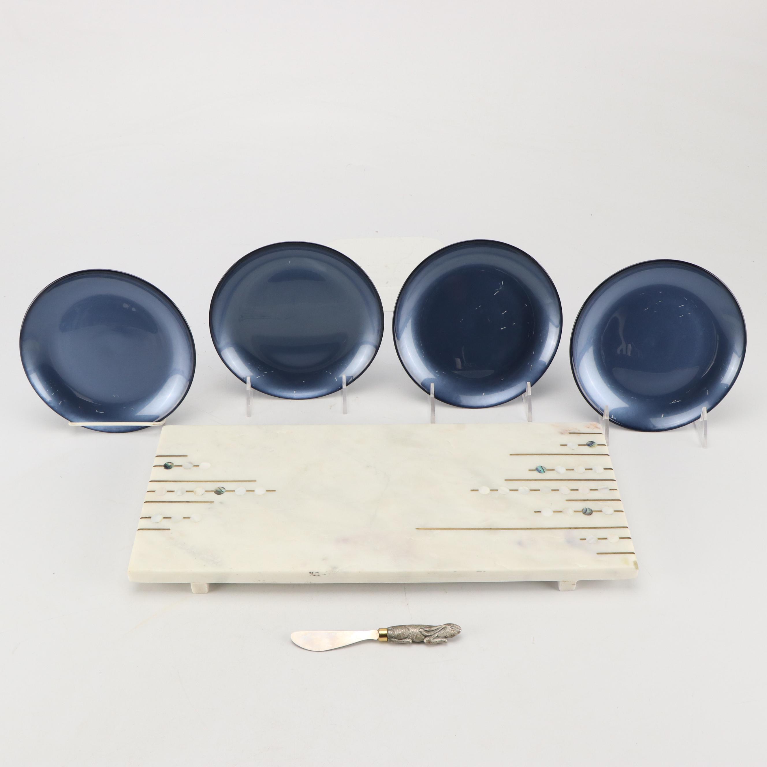 Marble Inlaid Serving Platter with Other Plates and Cheese Knife