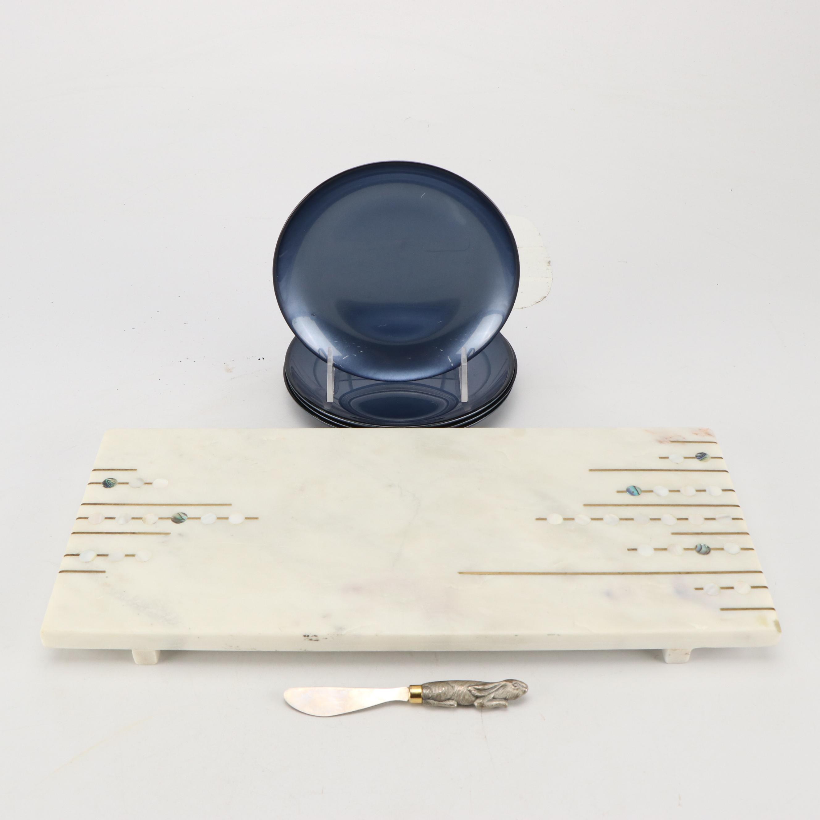 Marble Inlaid Serving Platter with Other Plates and Cheese Knife