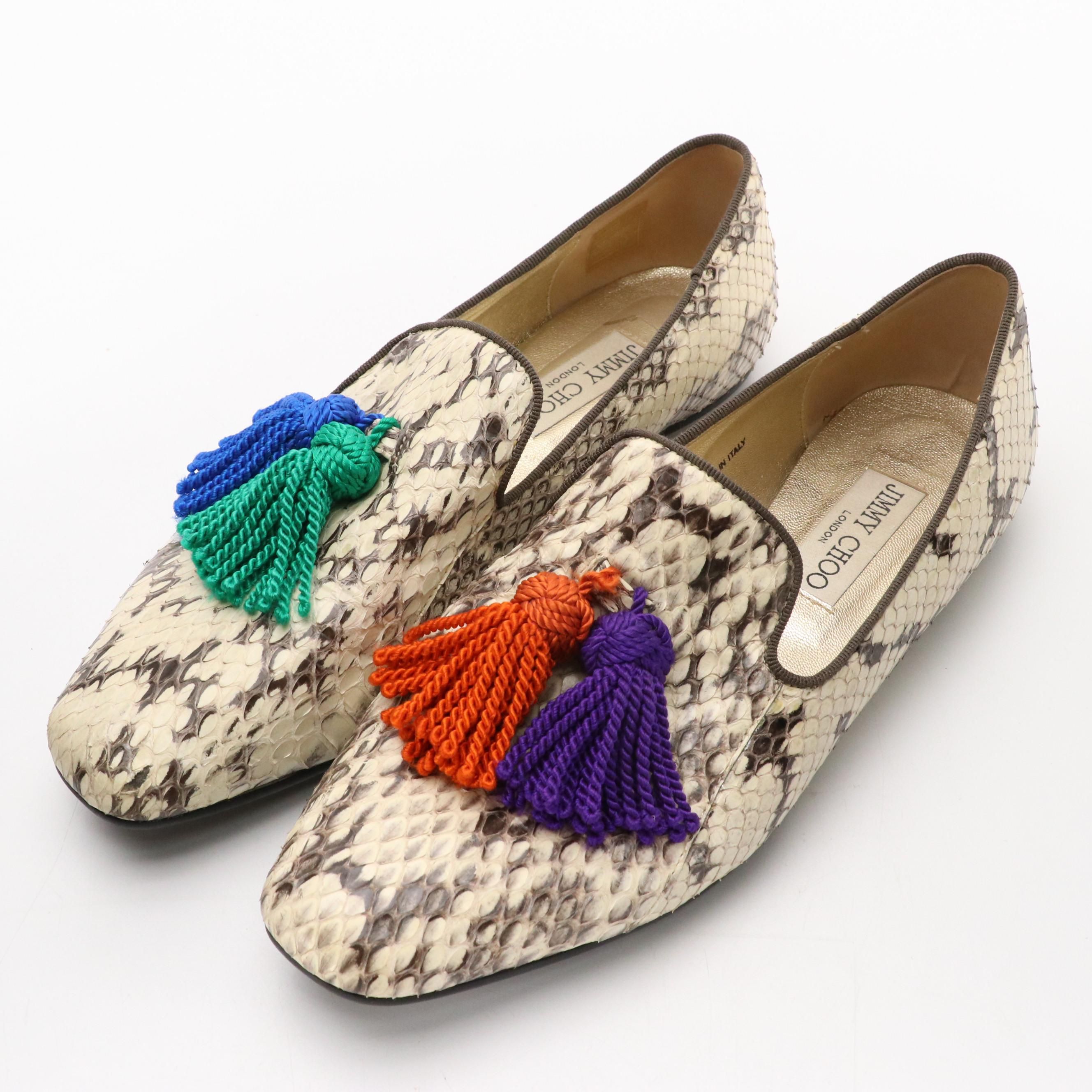 Jimmy Choo Python Leather Slip-On Loafers with Colorful Rope Tassel Accents