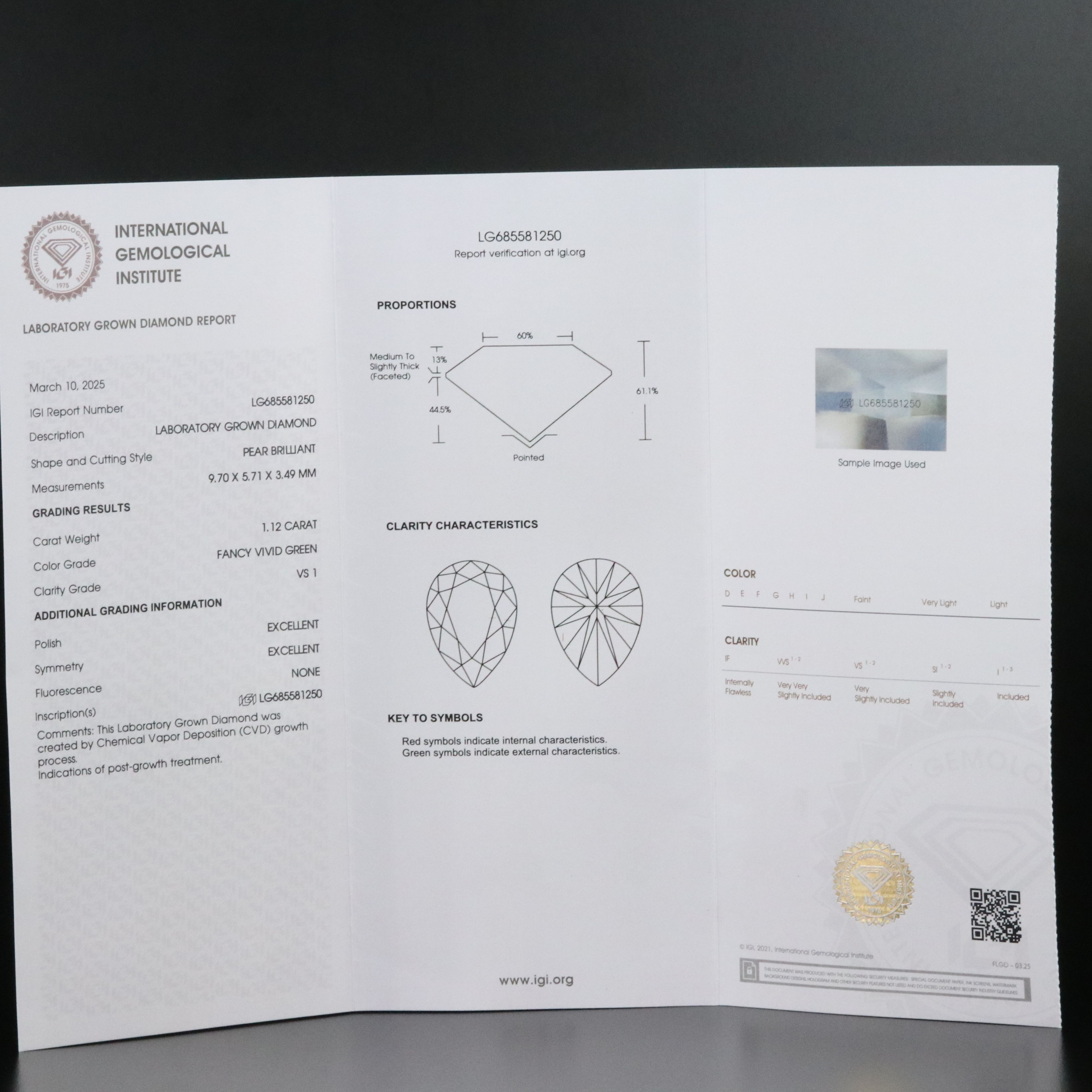 Loose 1.12 CT Lab Grown Fancy Green Diamond with IGI Report