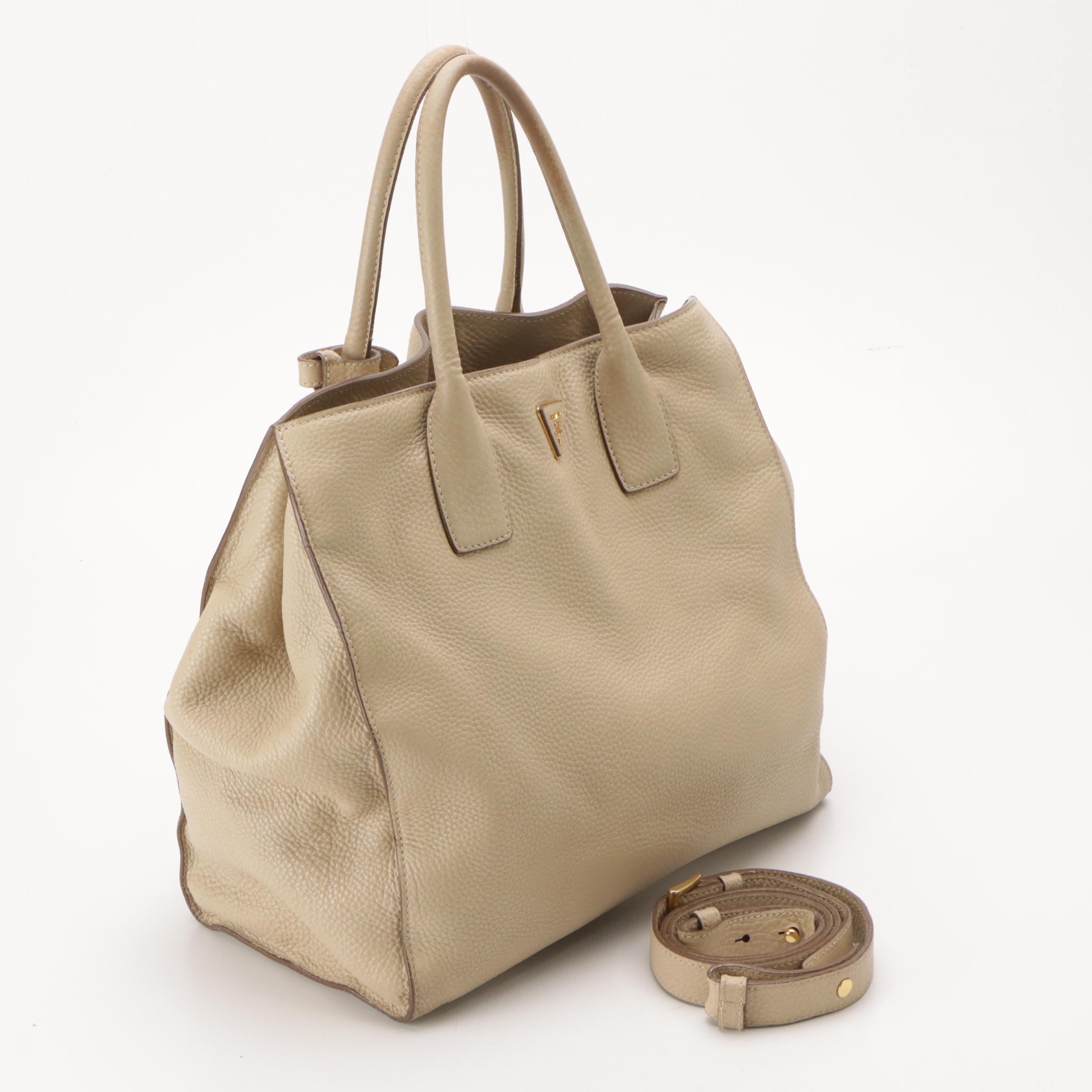 Prada Large Two-Way Shopping Tote Bag in Beige Vitello Daino Leather