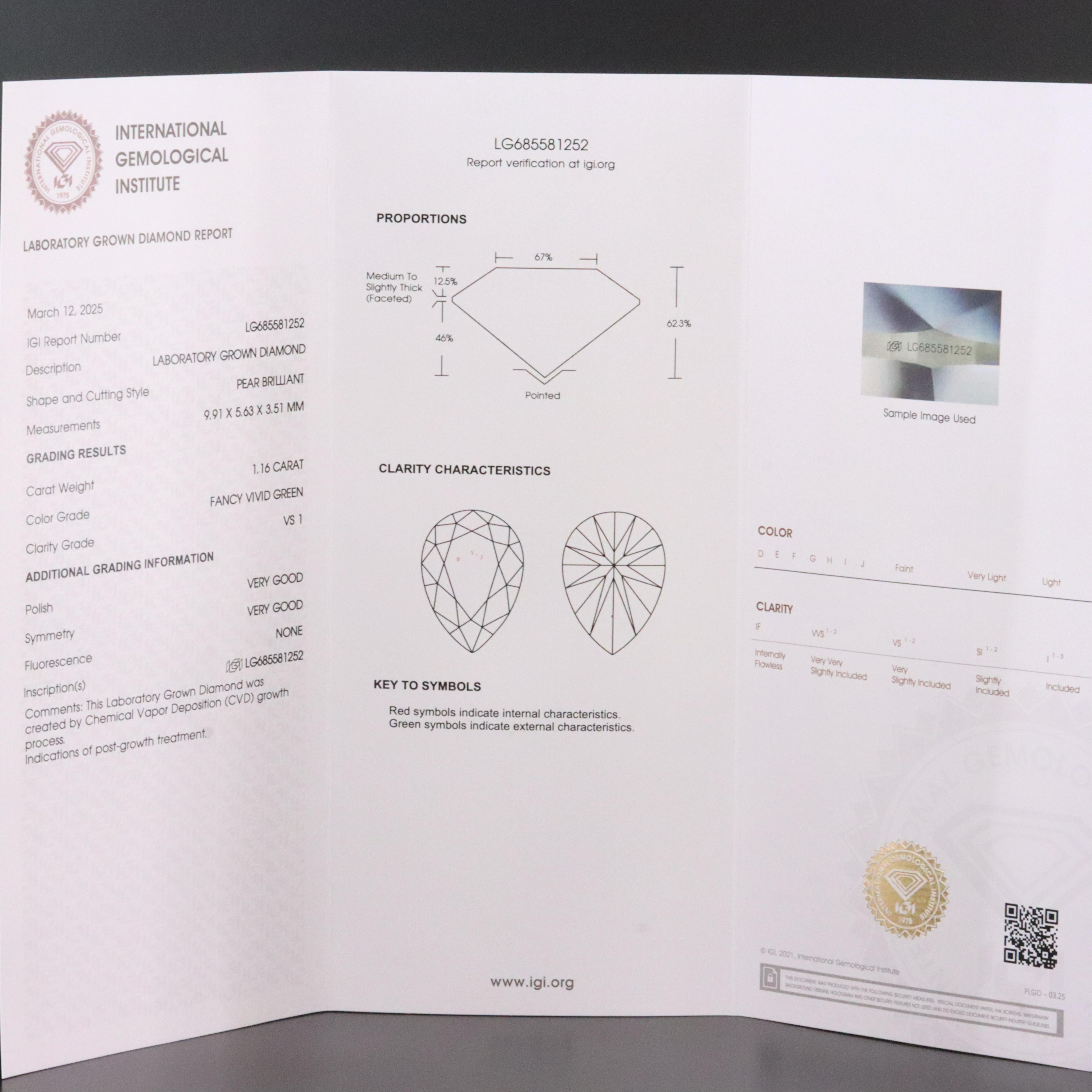 Loose 1.16 CT Lab Grown Fancy Green Diamond with IGI Report