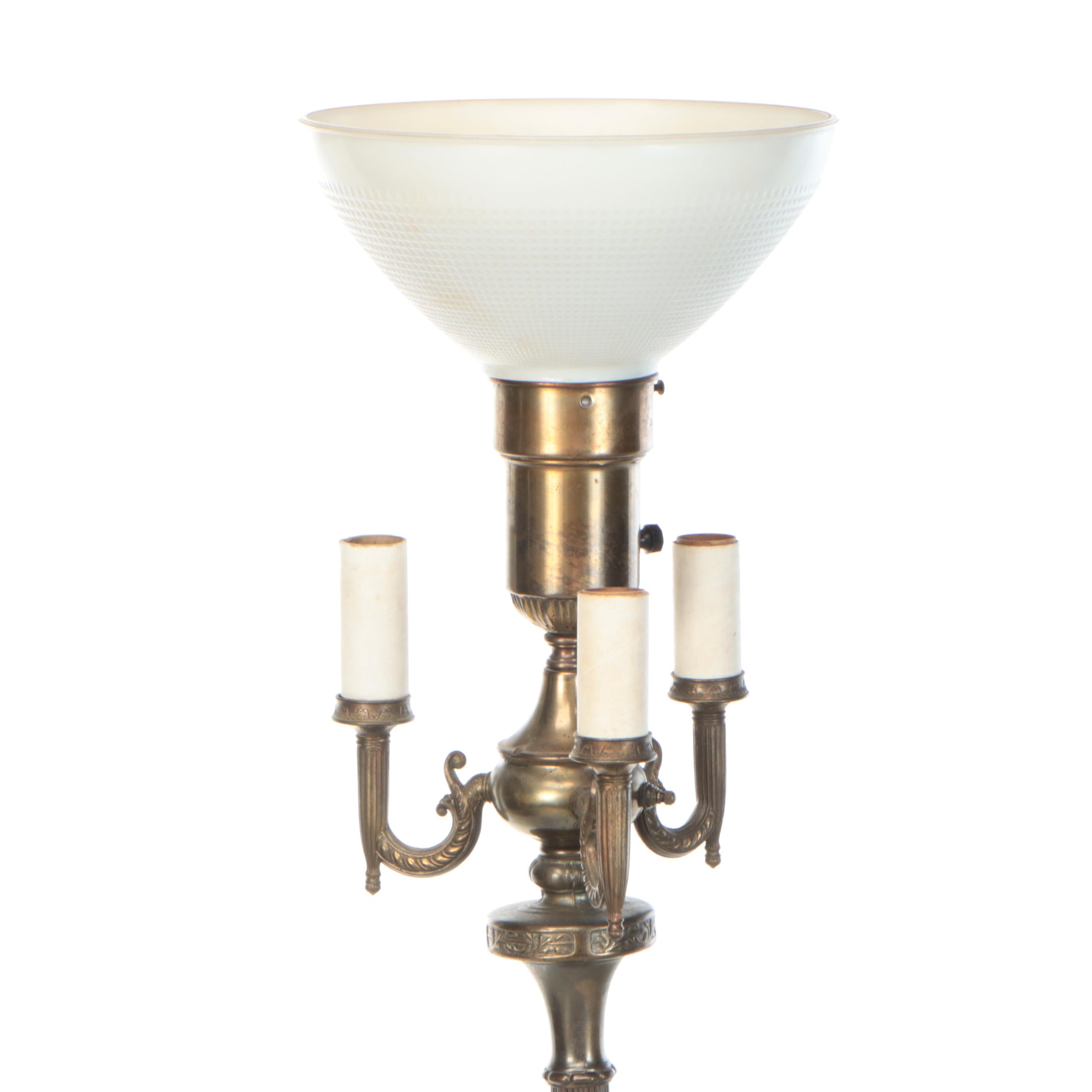 Neoclassical Style Brass Finish Mughal Torchère Floor Lamp, Vintage