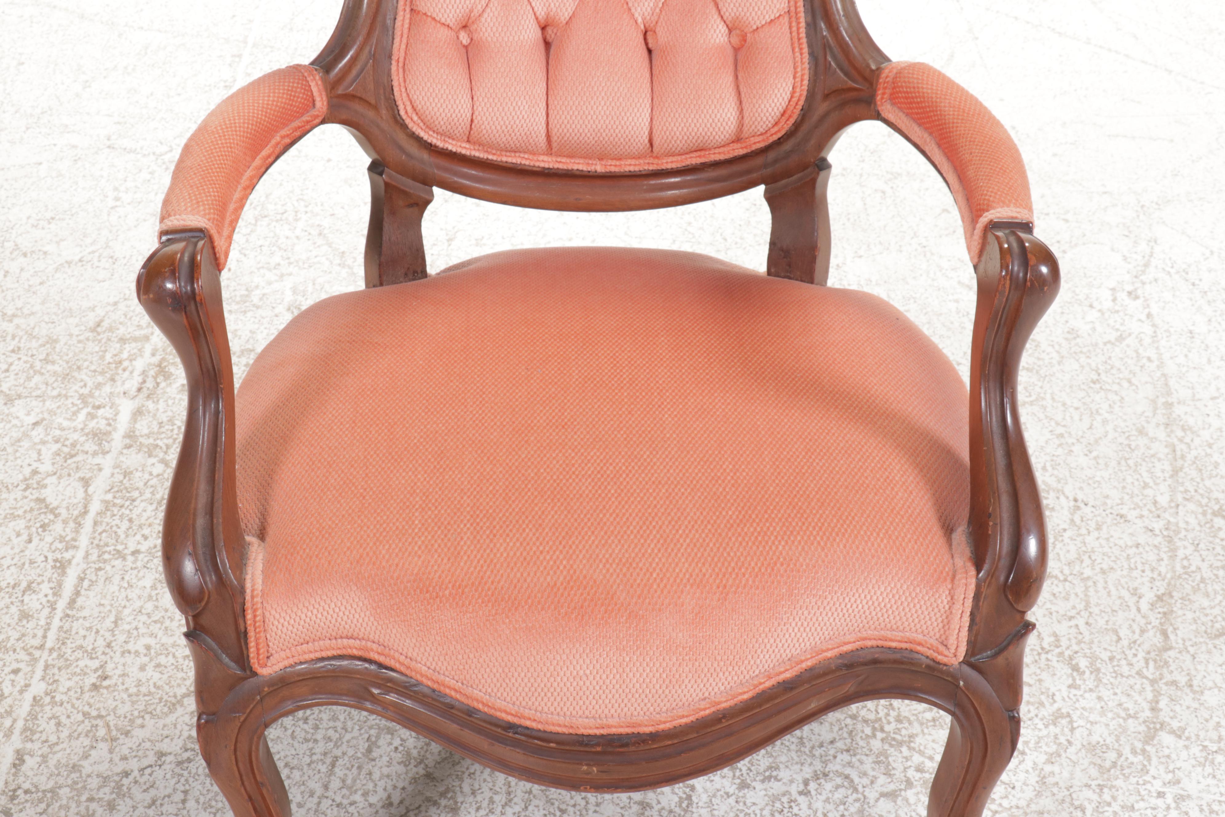 Victorian Louis XV Style Button-Tufted Upholstered Walnut Fauteuil