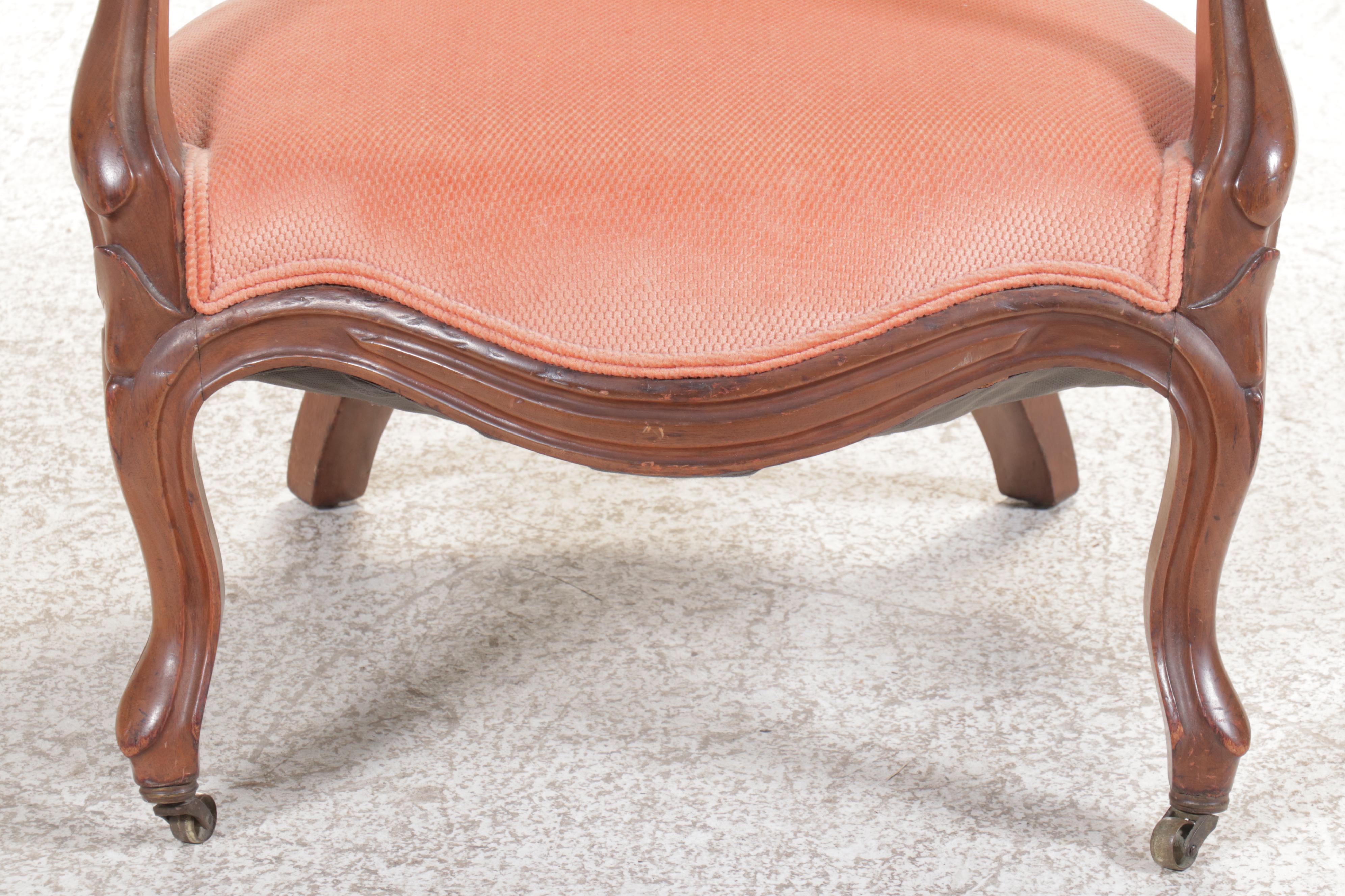 Victorian Louis XV Style Button-Tufted Upholstered Walnut Fauteuil