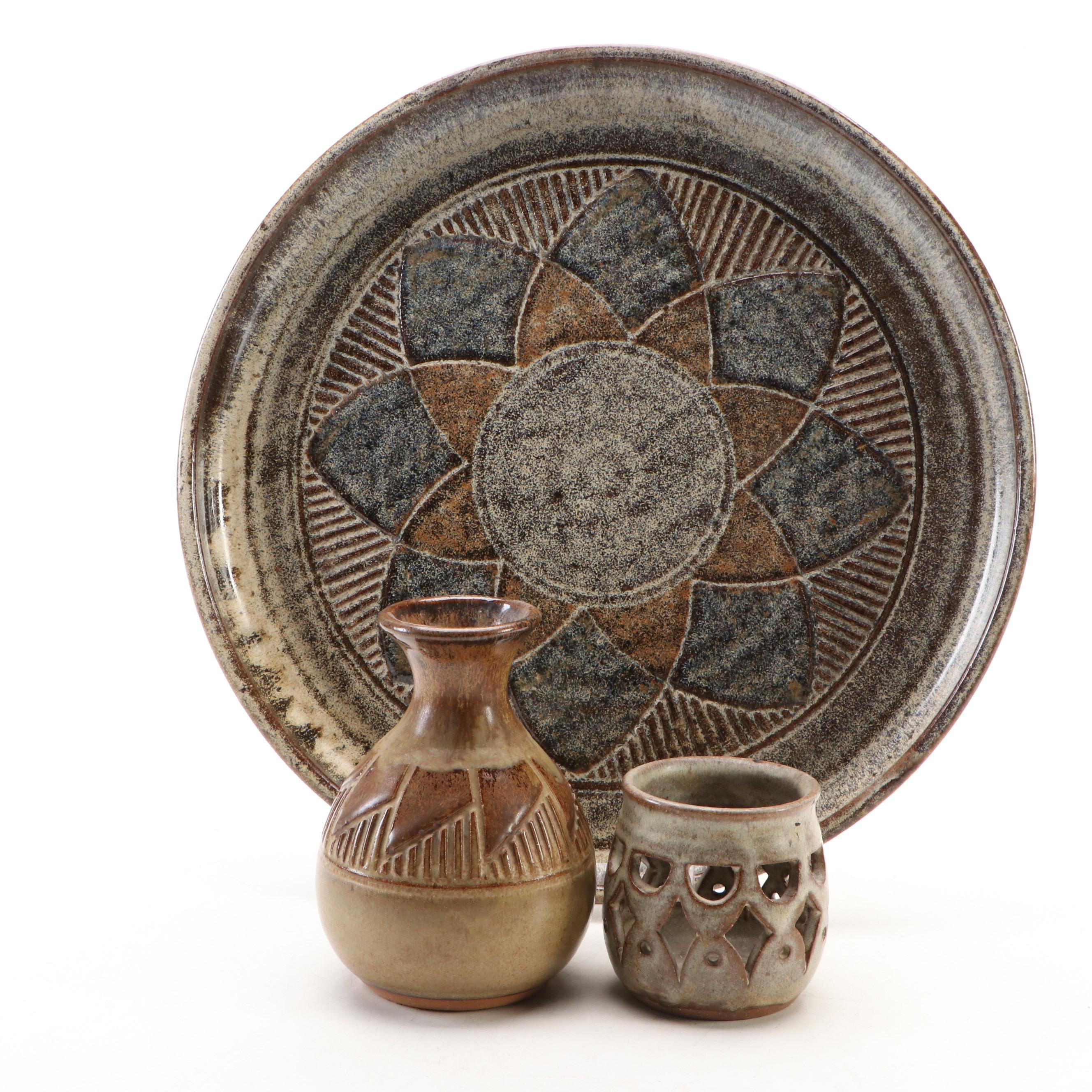 J. Guttman Signed Ceramic Tray and Bud Vase with Other Tealight Holder