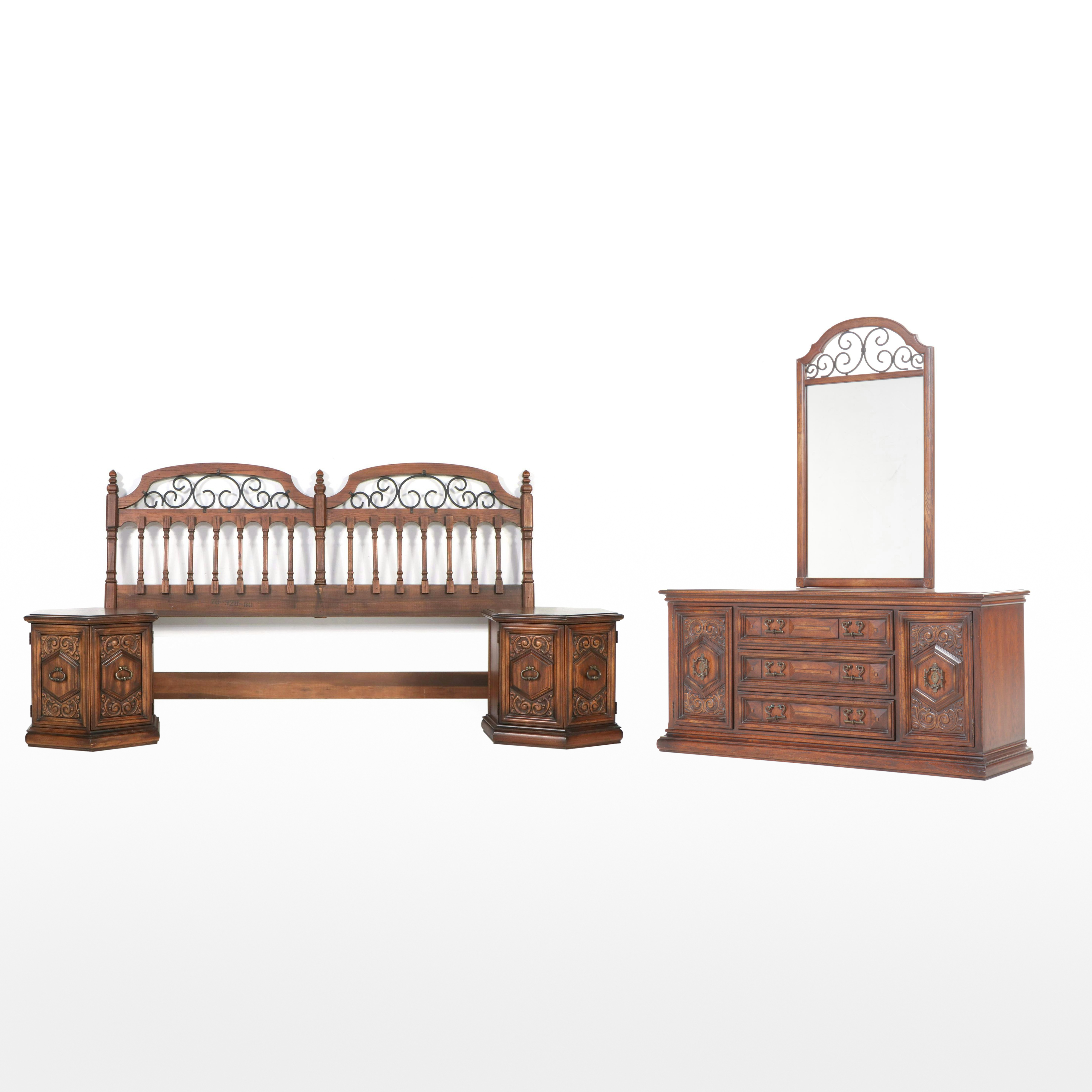 Five Piece Oak Finish Spanish Baroque Style Bedroom Suite, Mid to Late 20th C.