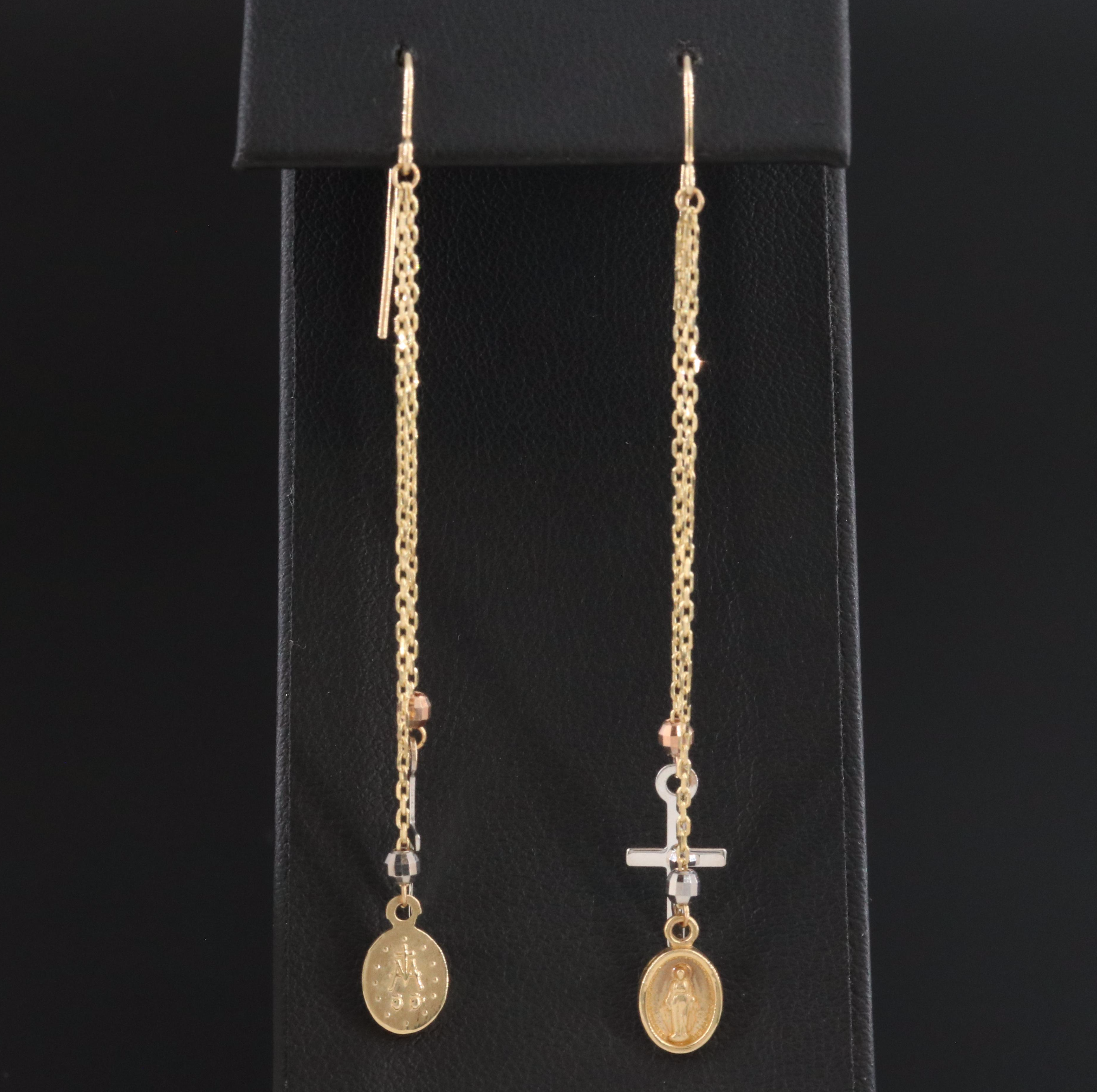 14K Tri-Color Cross and Virgin Mary Drop Earrings