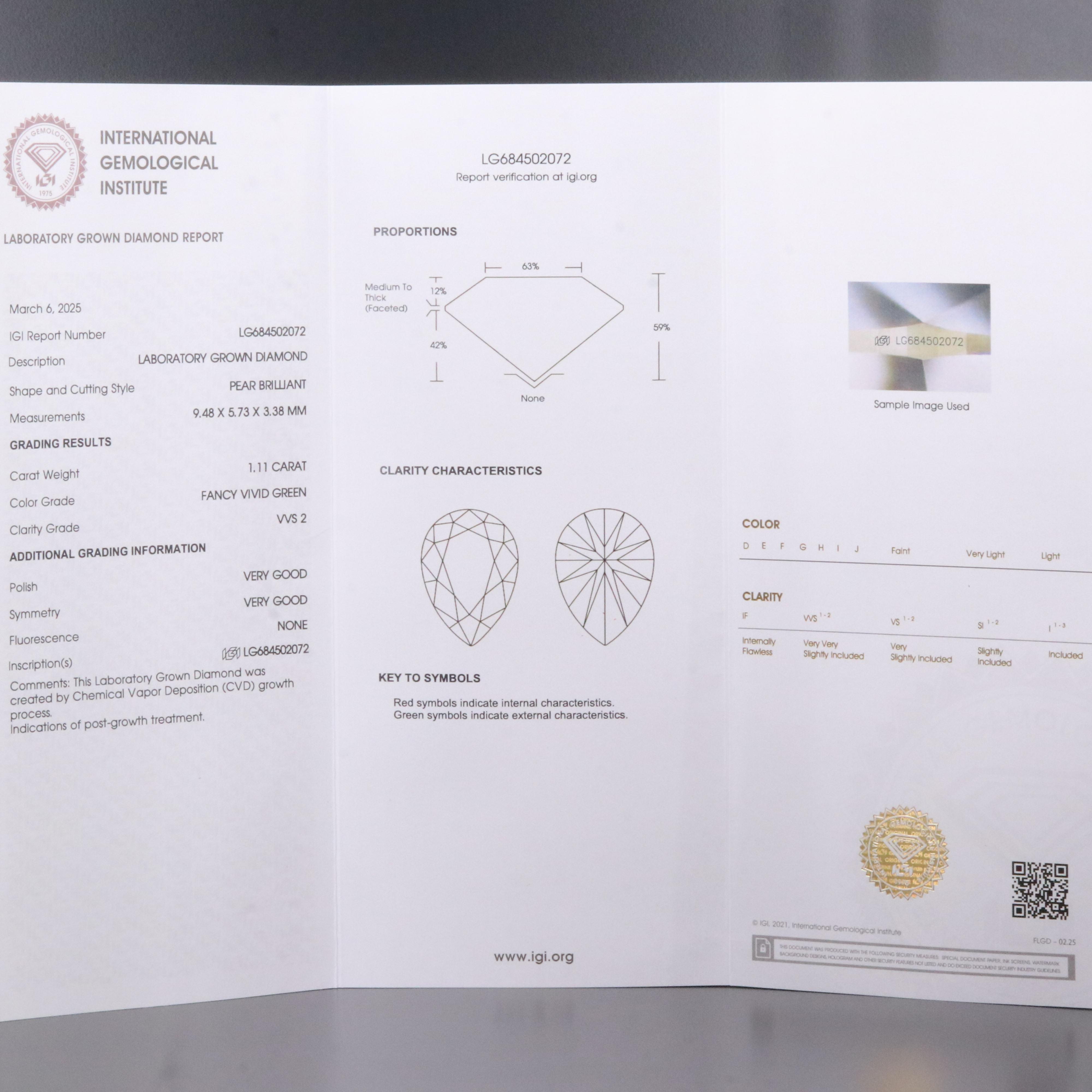 Loose 1.11 CT Lab Grown Fancy Green Diamond with IGI Report