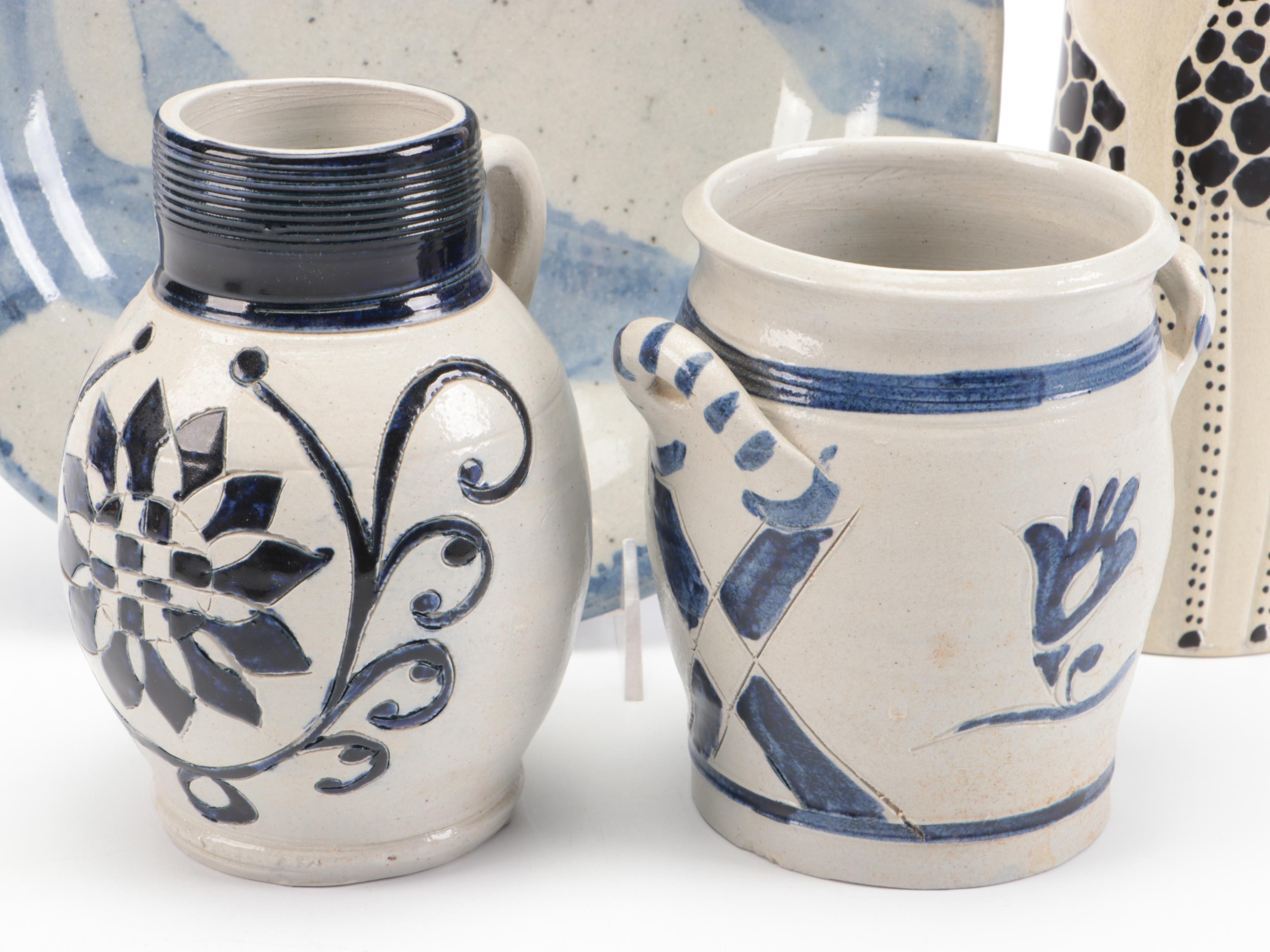 Williamsburg Restoration Salt Glazed Stoneware Crock and Pitcher with Décor