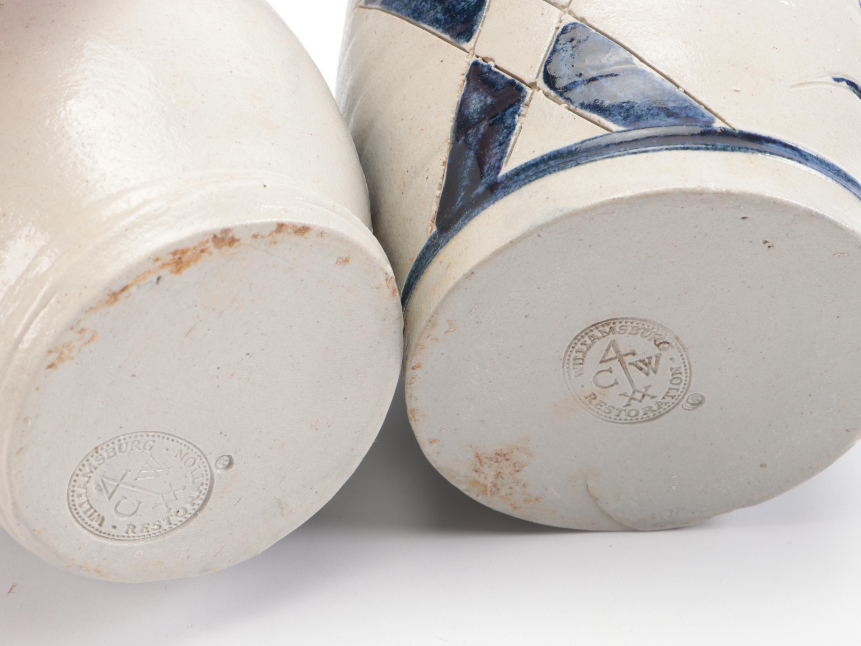 Williamsburg Restoration Salt Glazed Stoneware Crock and Pitcher with Décor