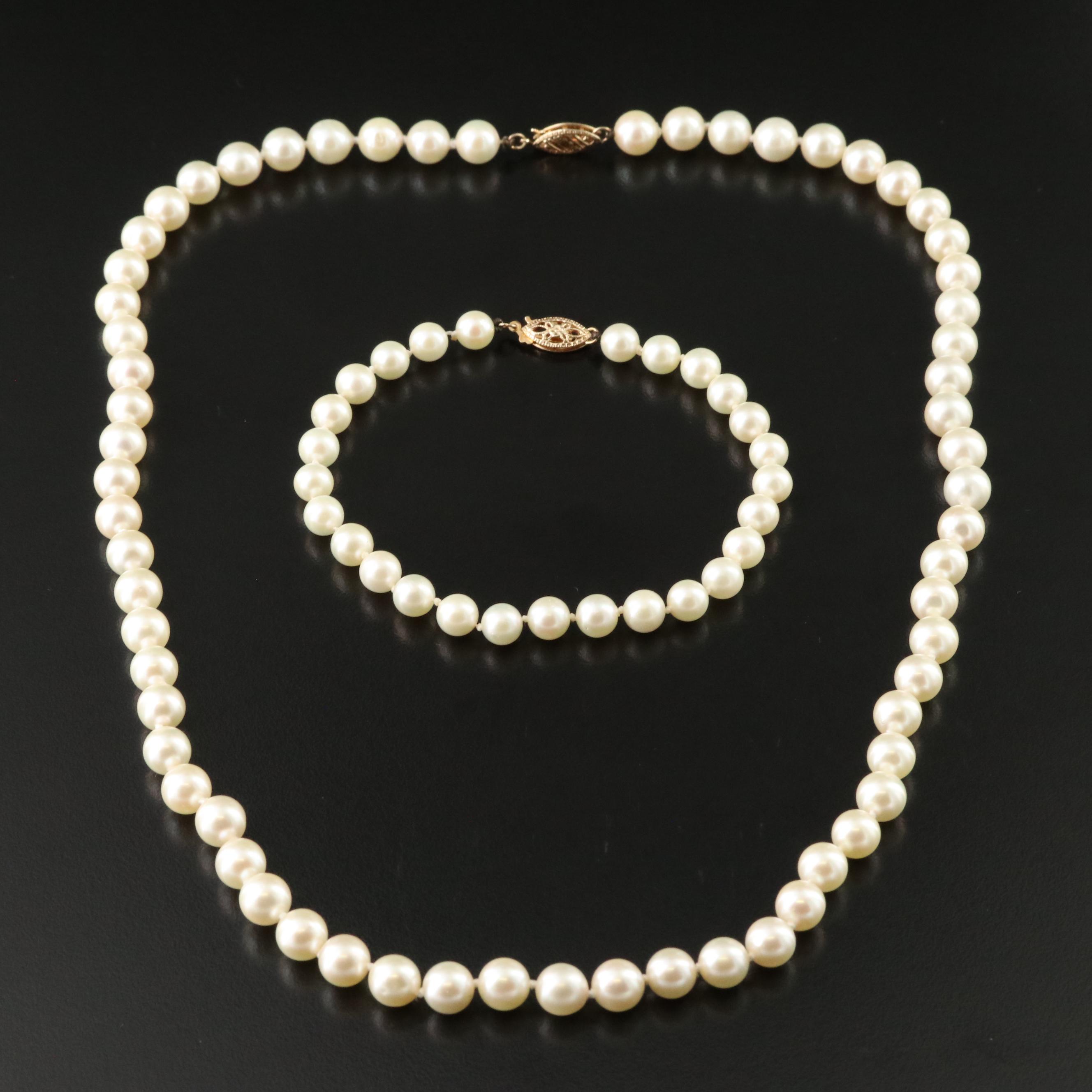 Pearl Necklace and Bracelet with 14K Clasps