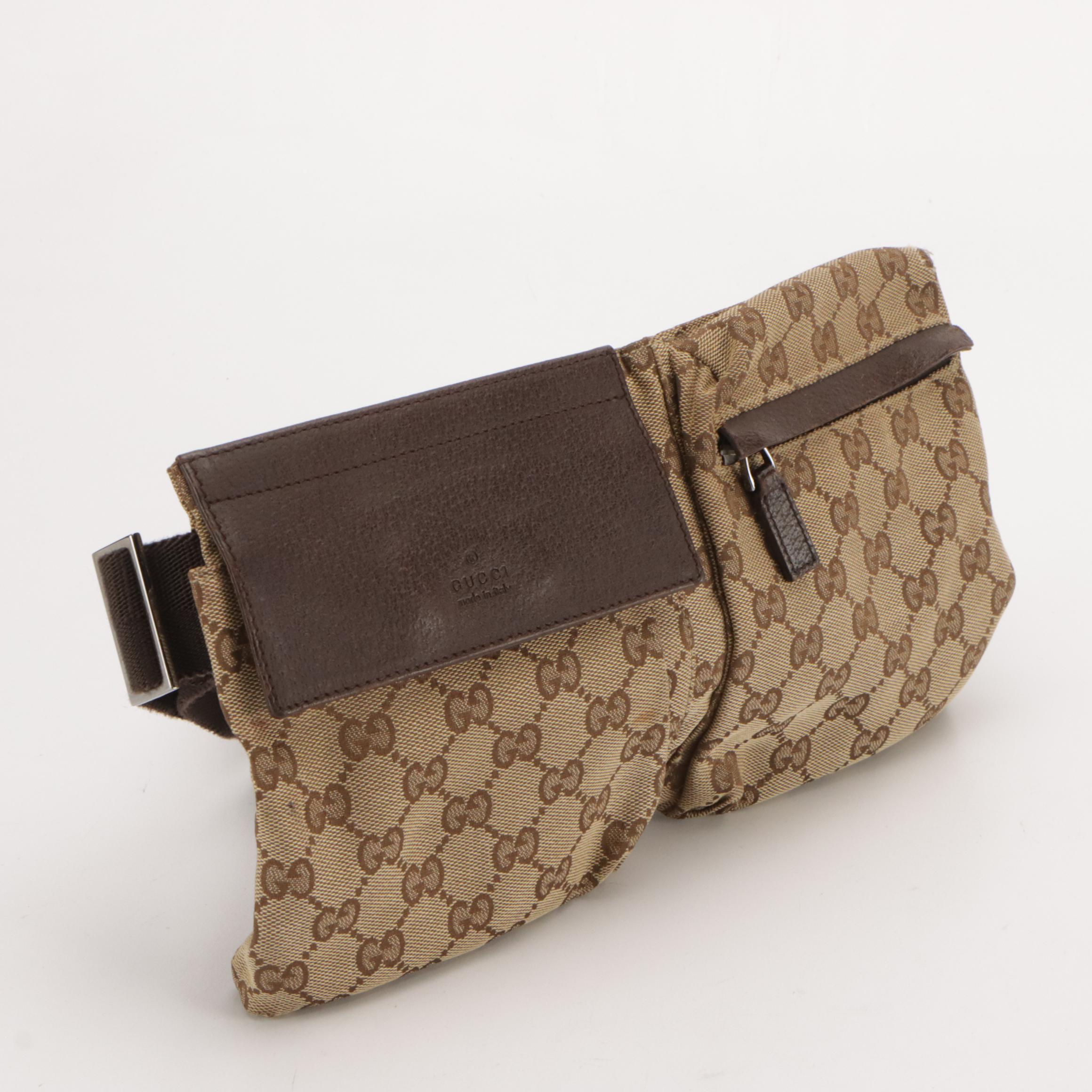Gucci Double Pocket Belt Bag in Monogram Canvas and Leather Trim