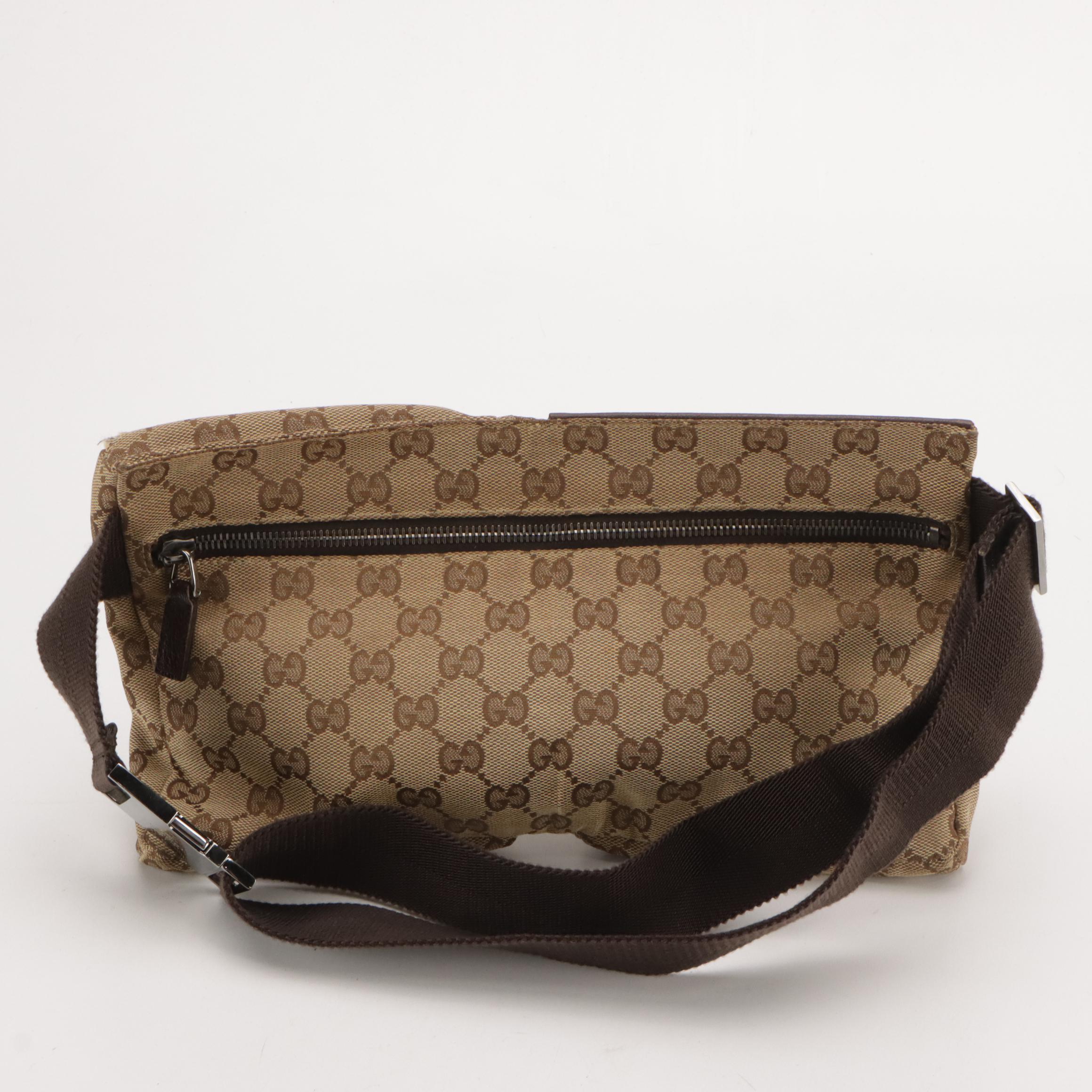 Gucci Double Pocket Belt Bag in Monogram Canvas and Leather Trim