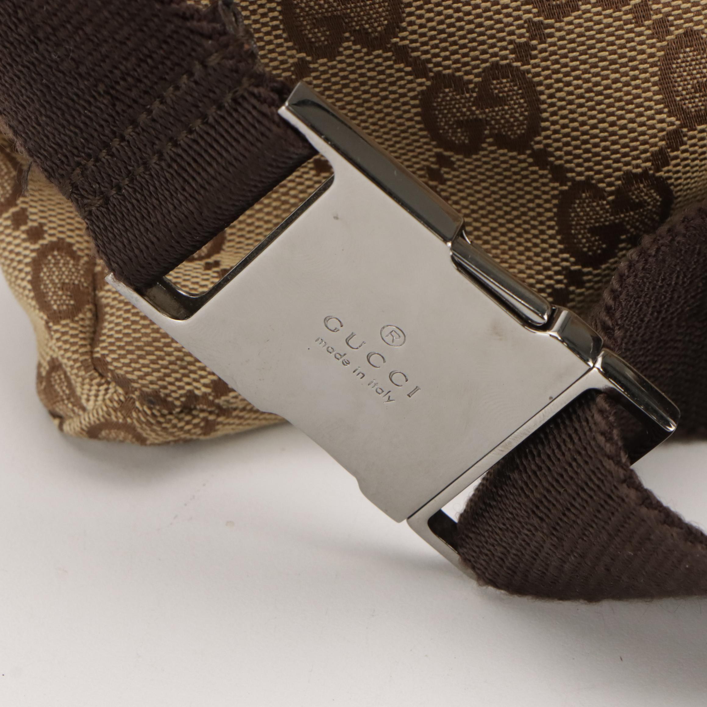 Gucci Double Pocket Belt Bag in Monogram Canvas and Leather Trim