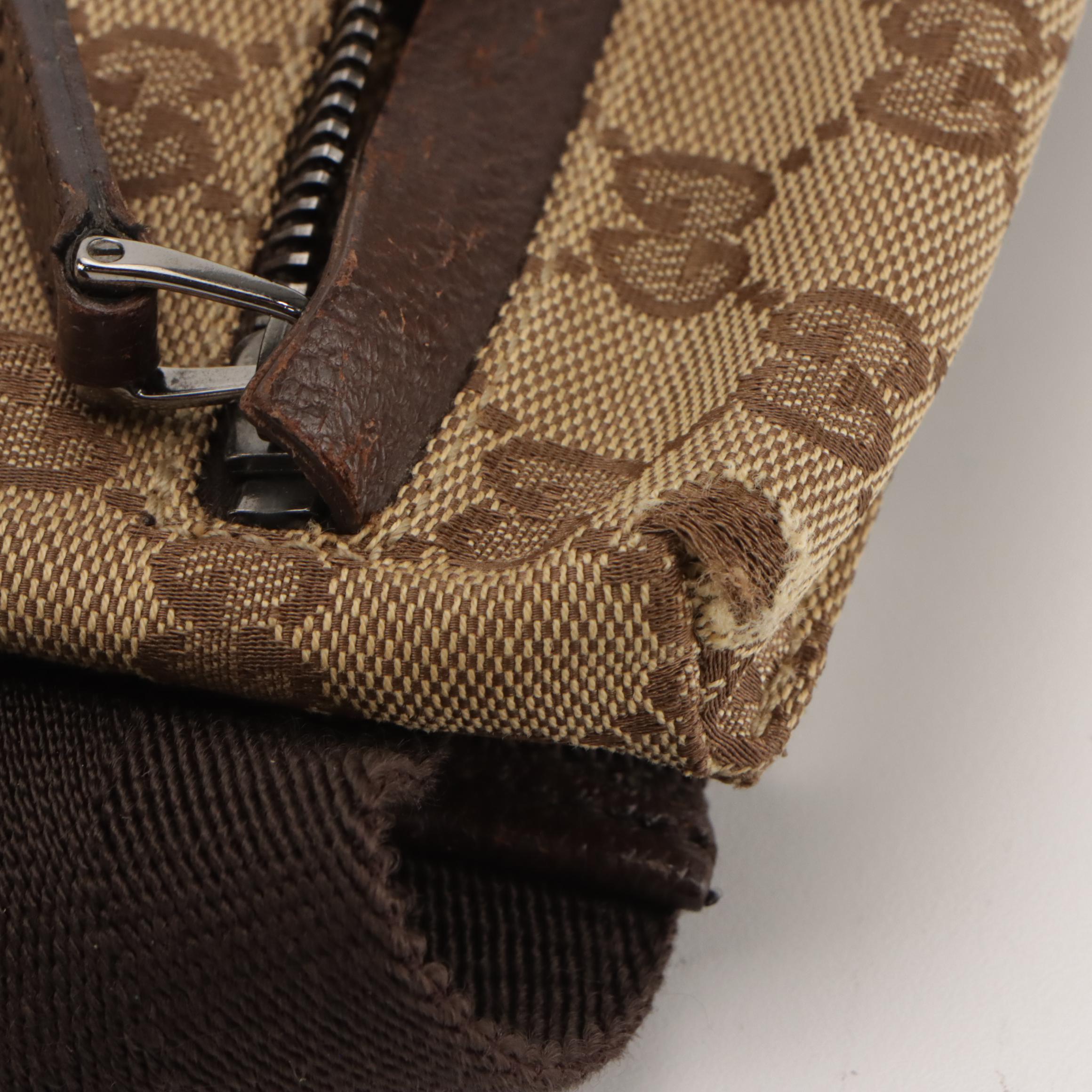 Gucci Double Pocket Belt Bag in Monogram Canvas and Leather Trim