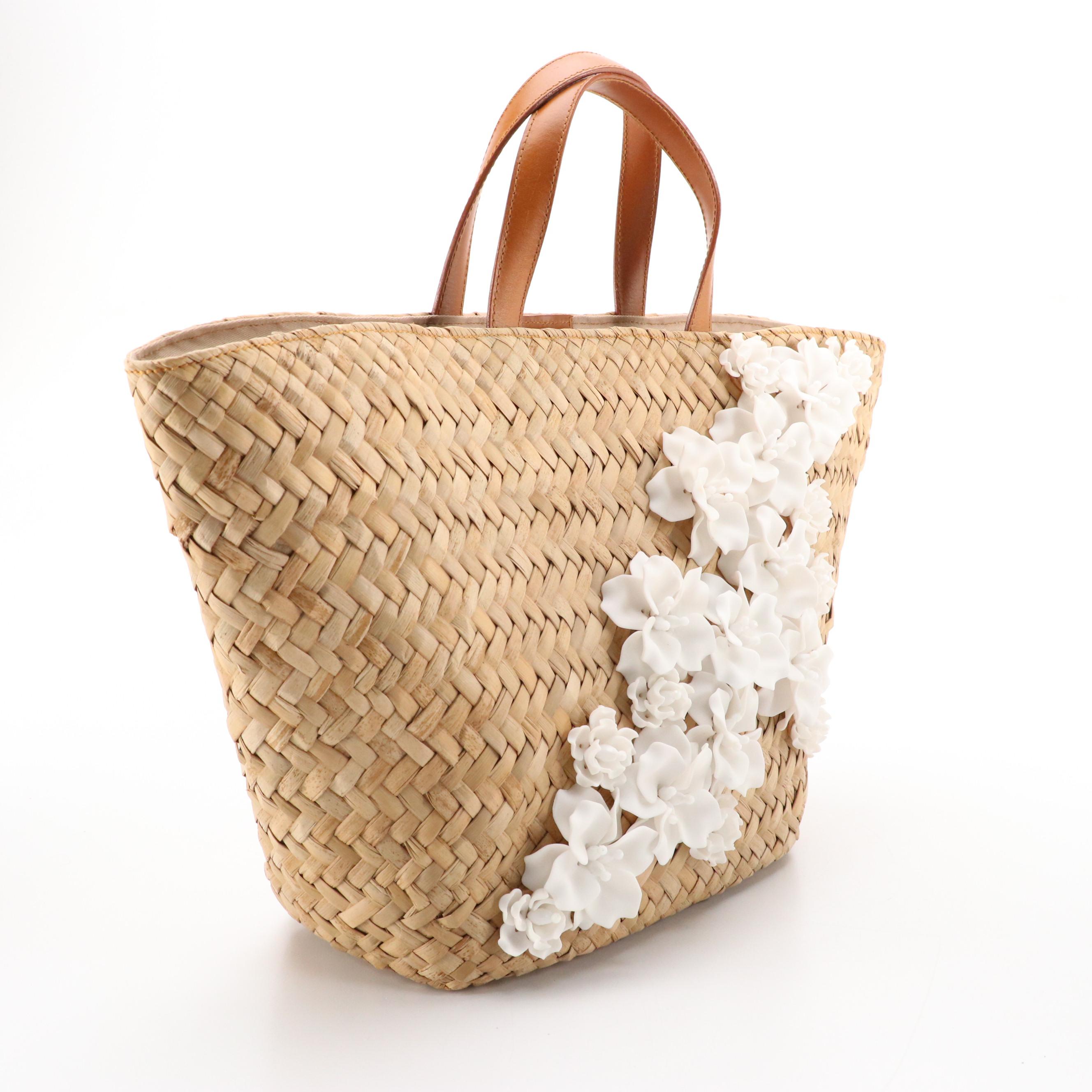 Ken Samudio Woven Grass Basket Tote with White Molded Flower Embellishments