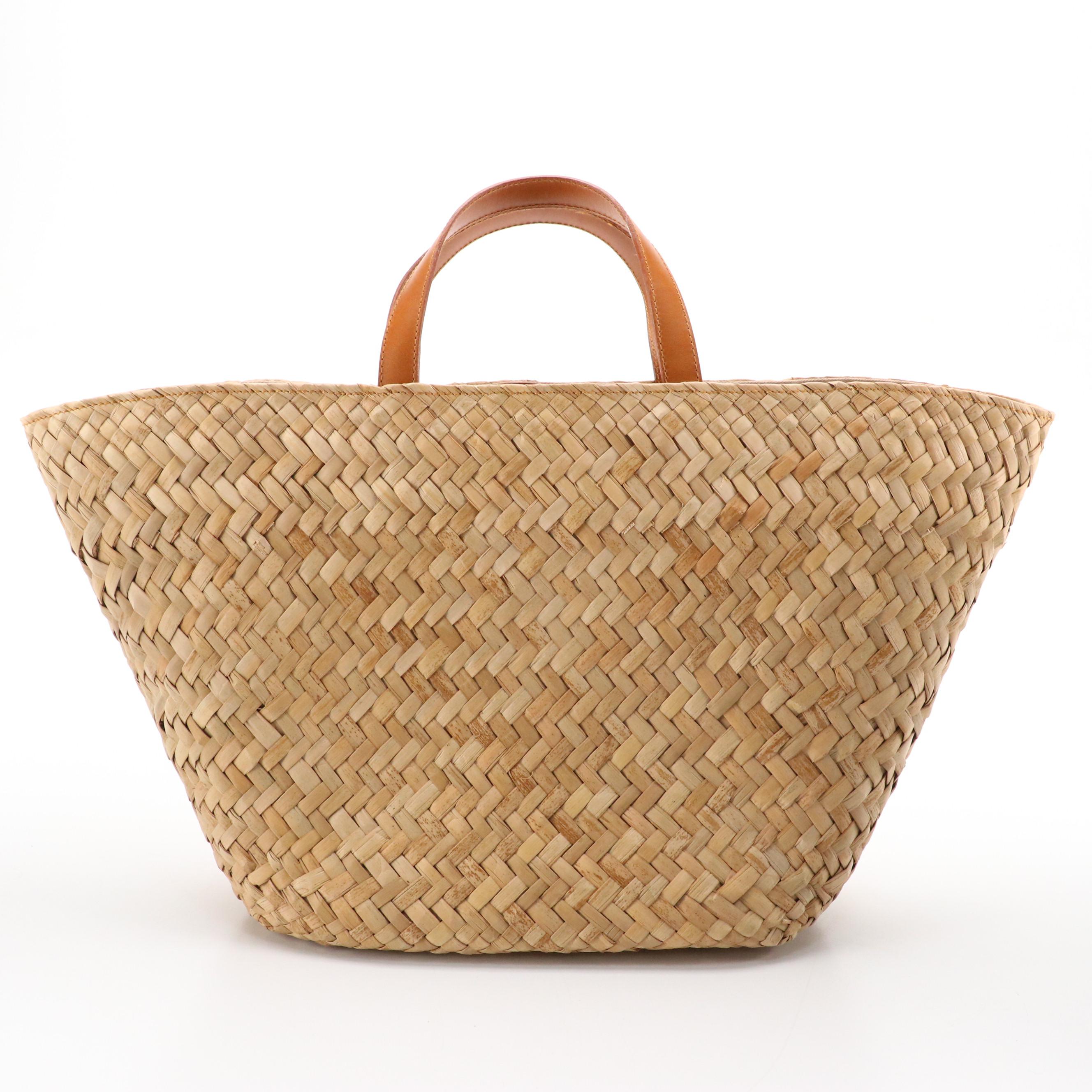 Ken Samudio Woven Grass Basket Tote with White Molded Flower Embellishments