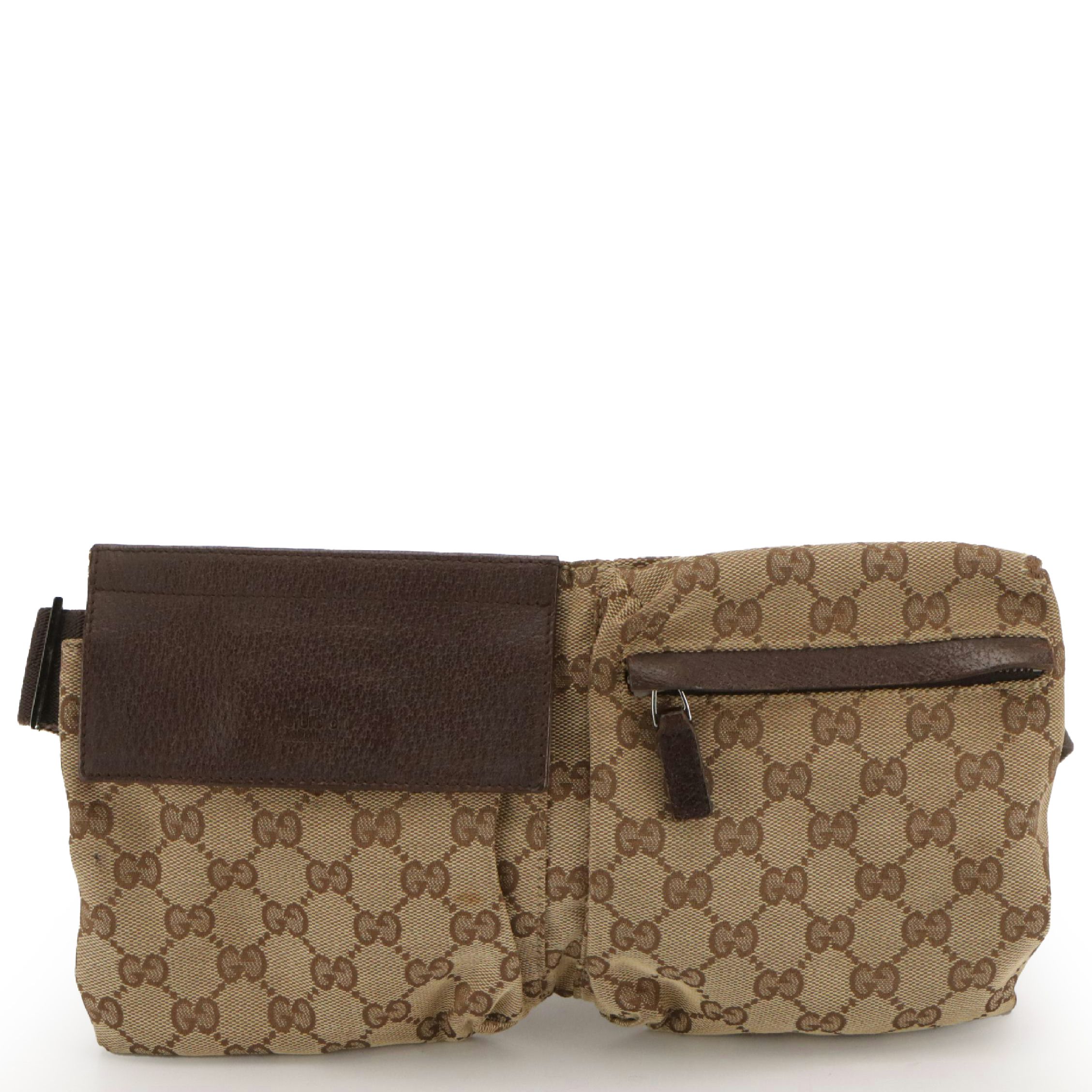Gucci Double Pocket Belt Bag in Monogram Canvas and Leather Trim