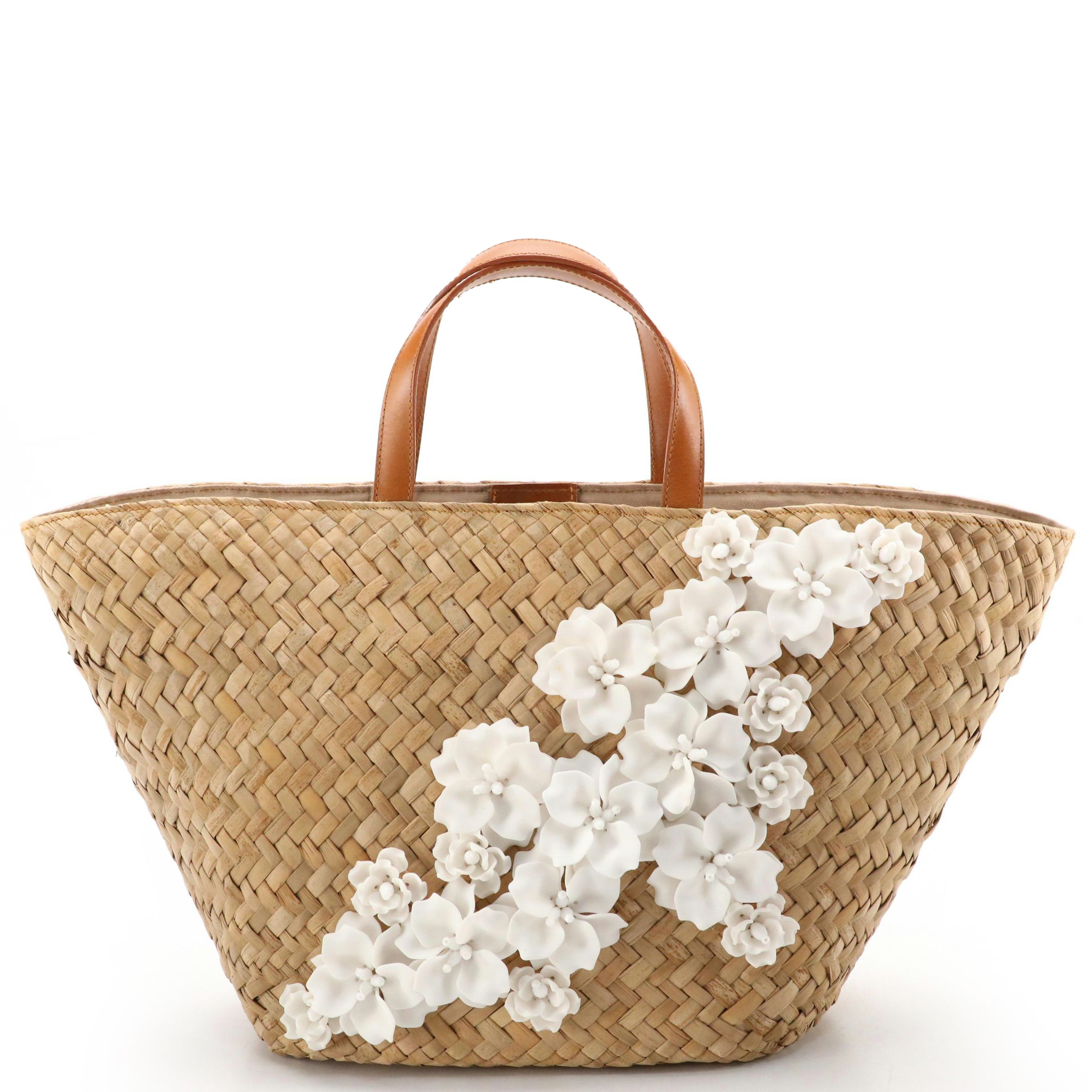 Ken Samudio Woven Grass Basket Tote with White Molded Flower Embellishments
