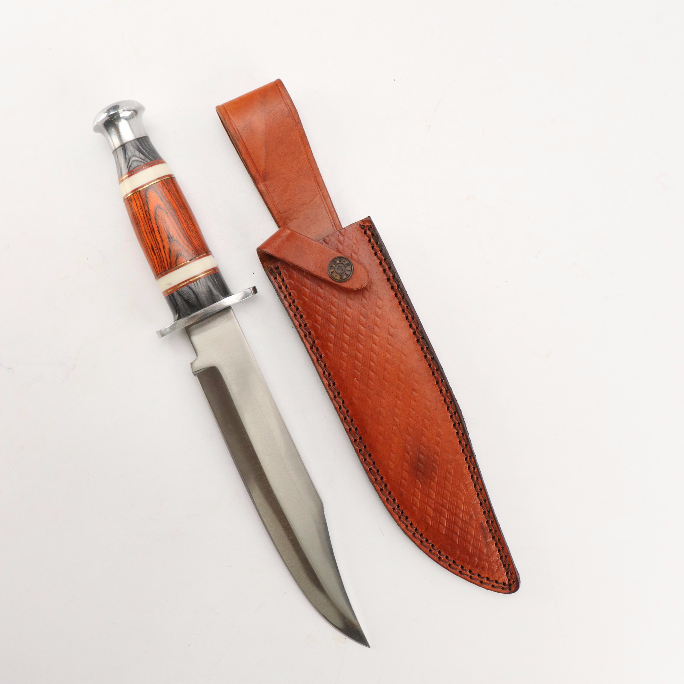 Wooden and Patriotic Wolf Handled Fixed Blade Knives in Scabbards