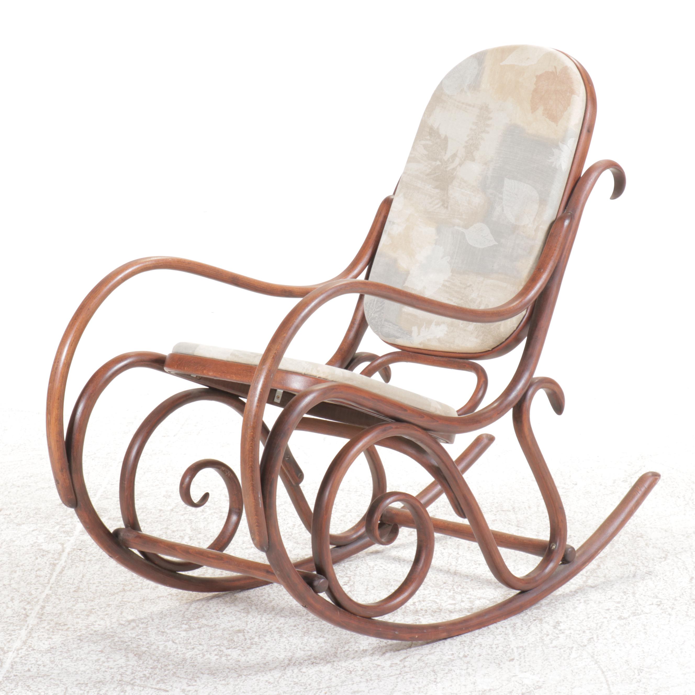 Pair of Thonet Style Upholstered and Cane Bentwood Rocking Chairs