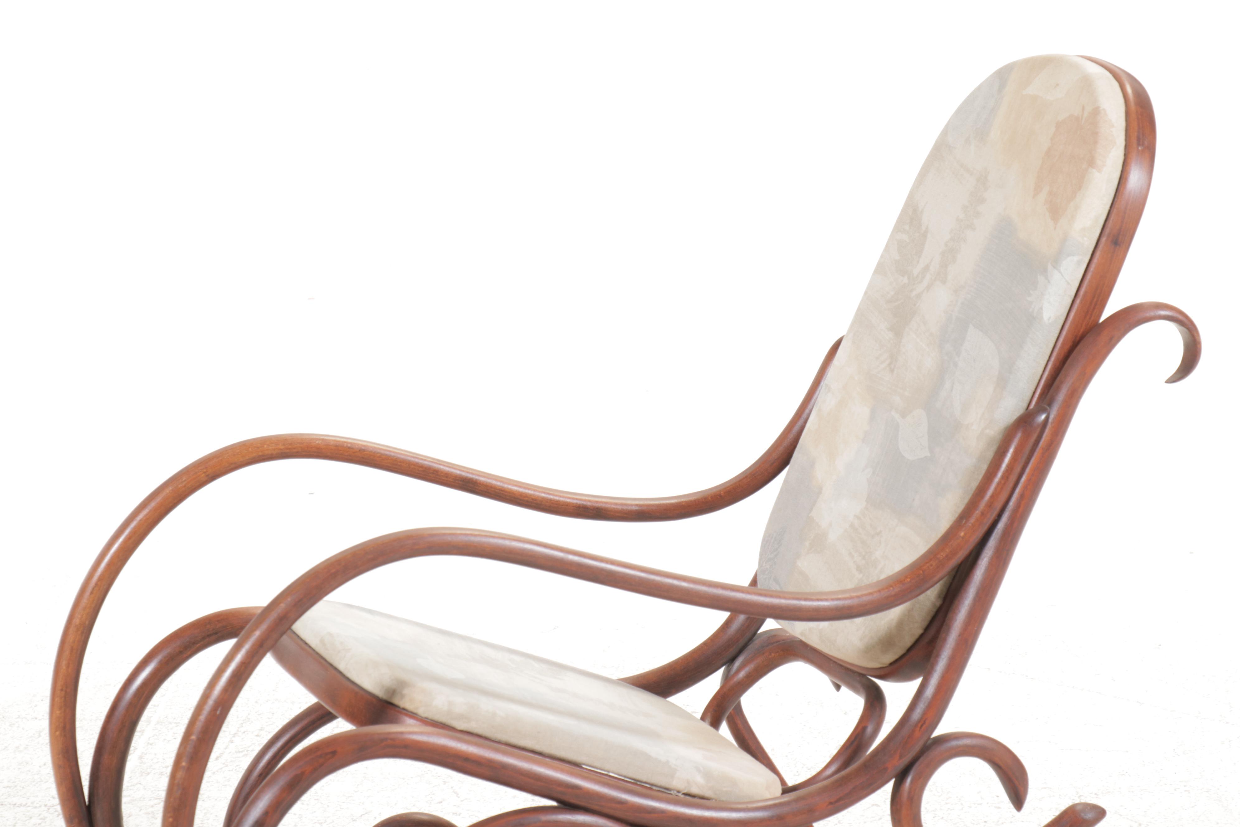 Pair of Thonet Style Upholstered and Cane Bentwood Rocking Chairs