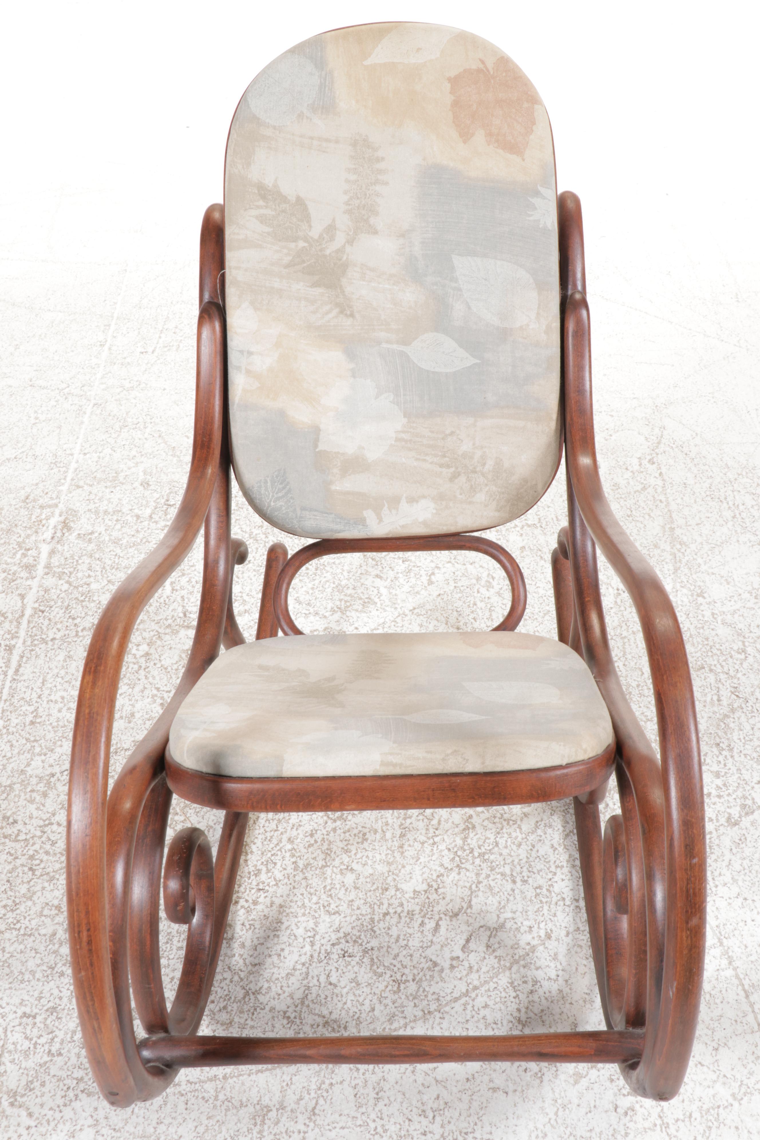 Pair of Thonet Style Upholstered and Cane Bentwood Rocking Chairs