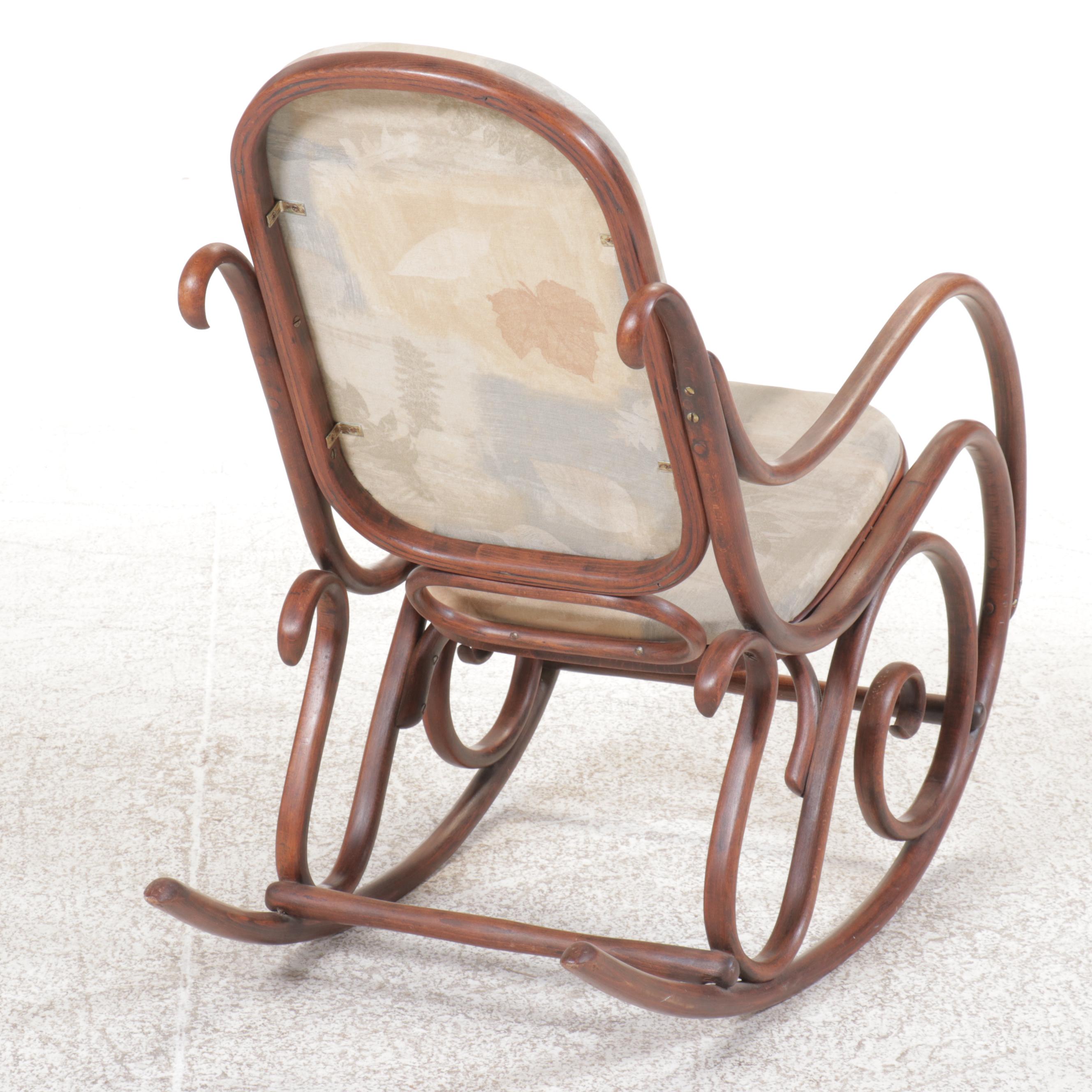 Pair of Thonet Style Upholstered and Cane Bentwood Rocking Chairs