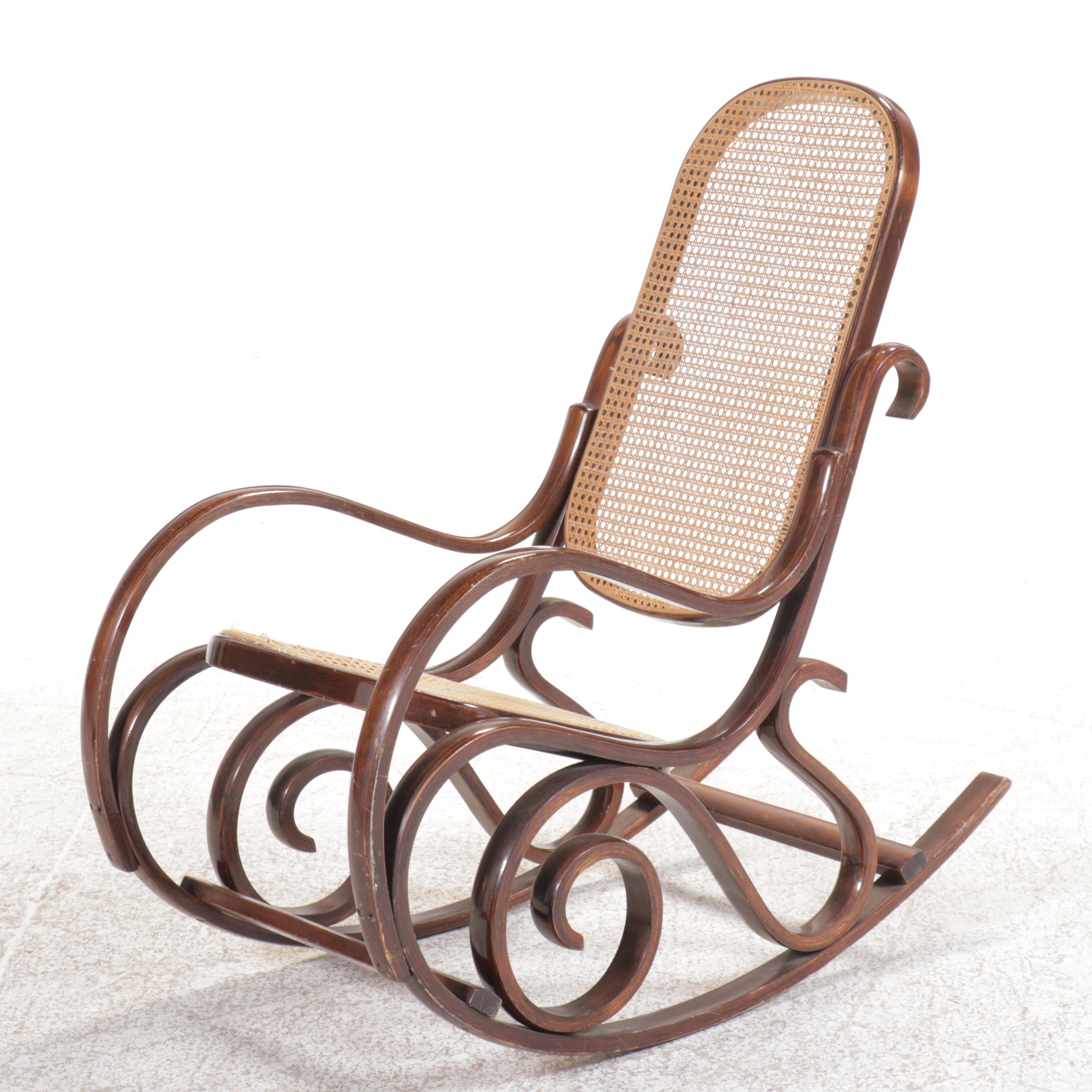 Pair of Thonet Style Upholstered and Cane Bentwood Rocking Chairs