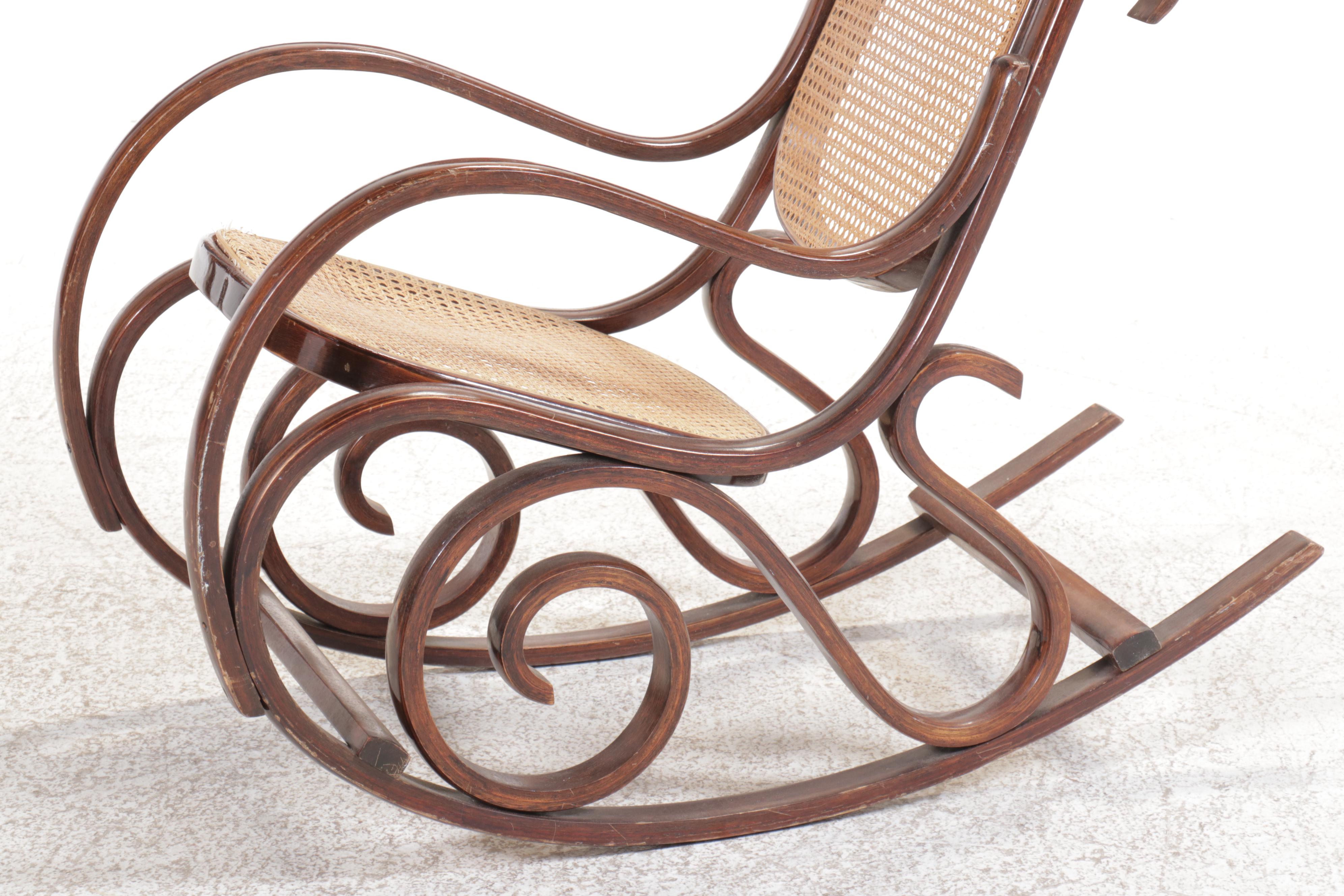 Pair of Thonet Style Upholstered and Cane Bentwood Rocking Chairs