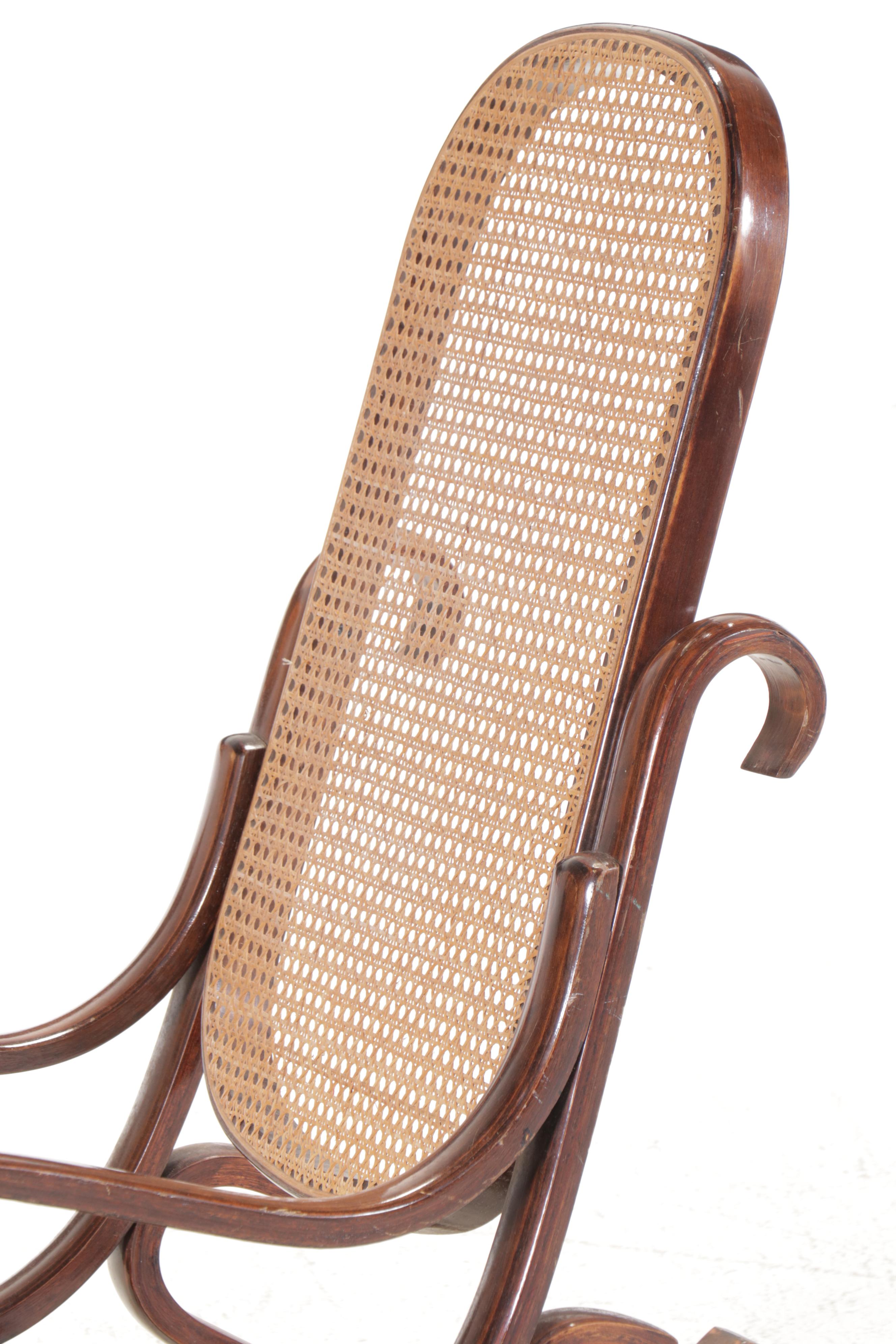 Pair of Thonet Style Upholstered and Cane Bentwood Rocking Chairs