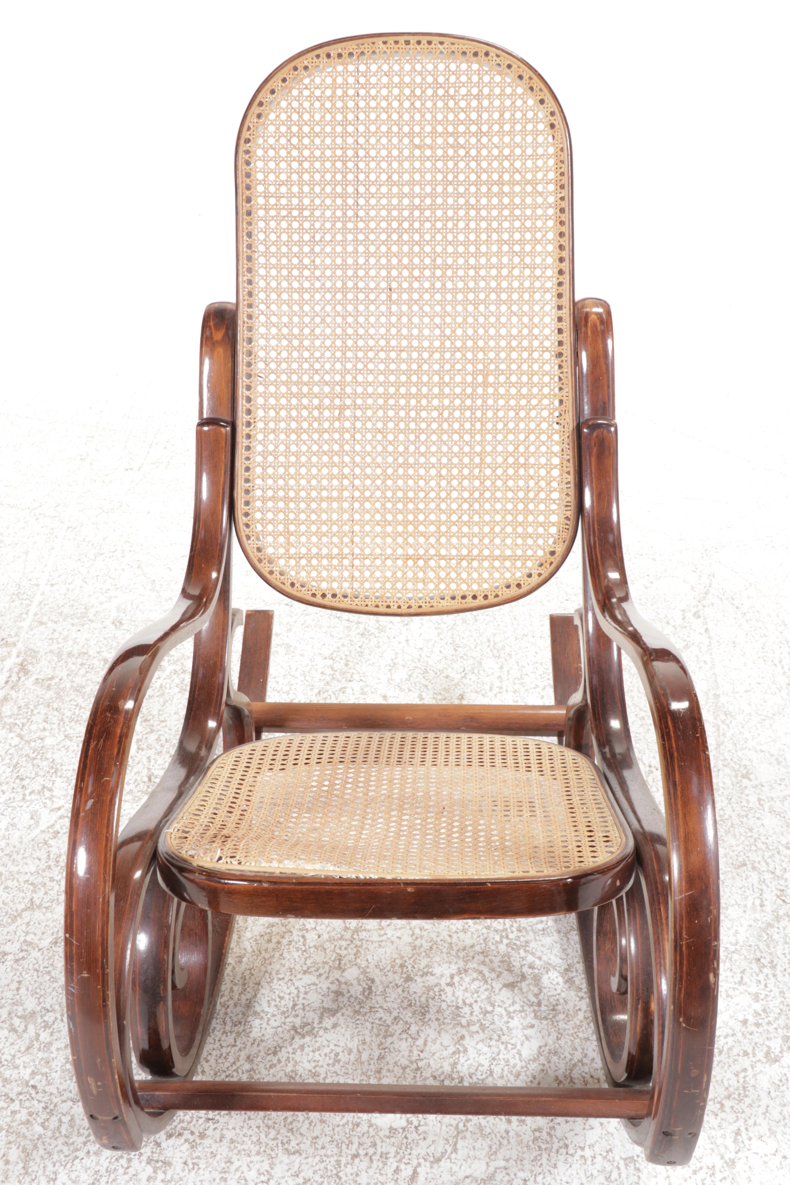 Pair of Thonet Style Upholstered and Cane Bentwood Rocking Chairs