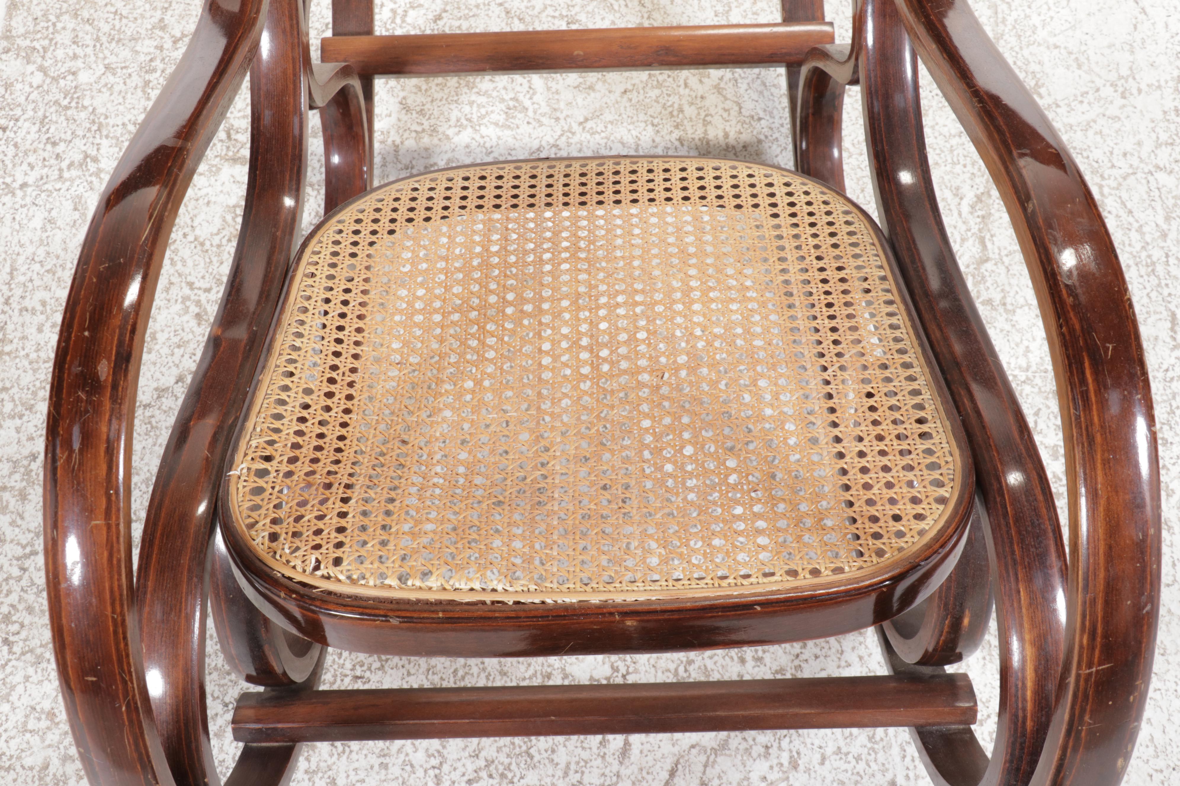 Pair of Thonet Style Upholstered and Cane Bentwood Rocking Chairs